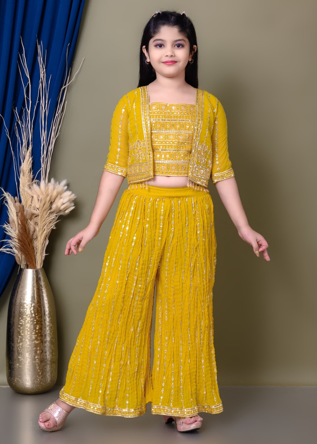 Image of lauxuryfashion Girls Festive & Party Ethnic Jacket, Blouse and Palazzo Set