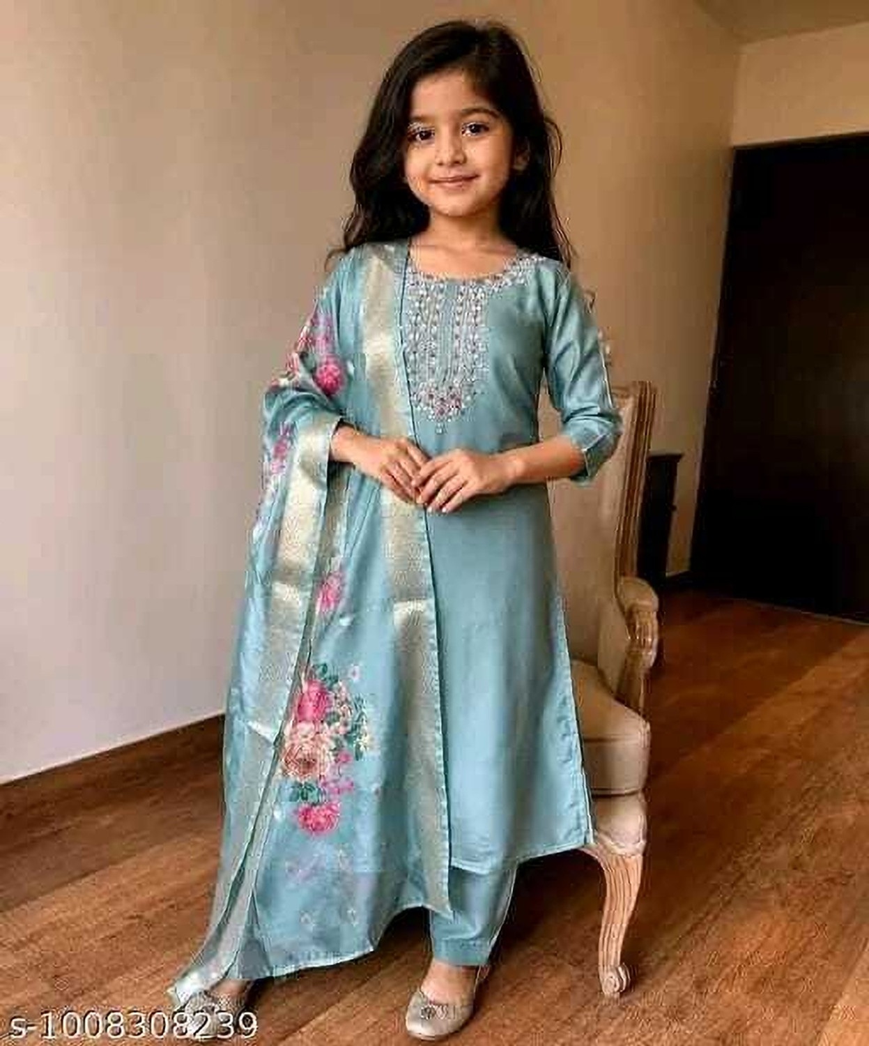 Image of Fashion Of Z Girls Festive & Party Kurta, Pyjama & Dupatta Set (Light Blue Pack of 1)