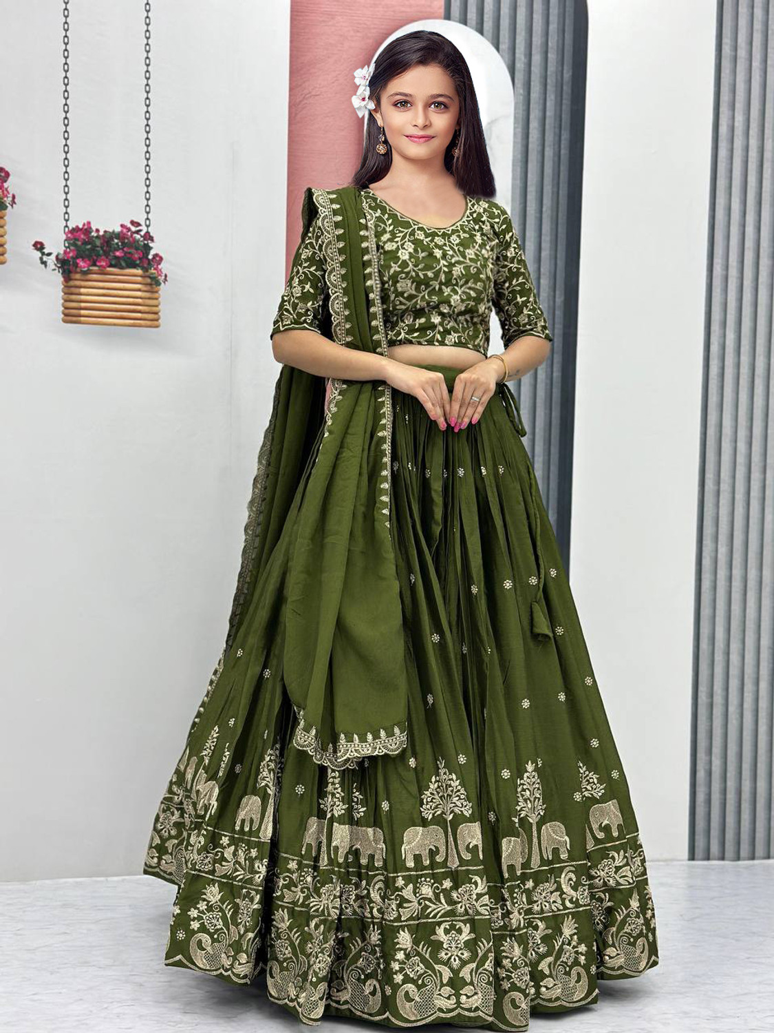 Image of Closin Girls Lehenga Choli Ethnic Wear Embroidered Lehenga, Choli and Dupatta Set