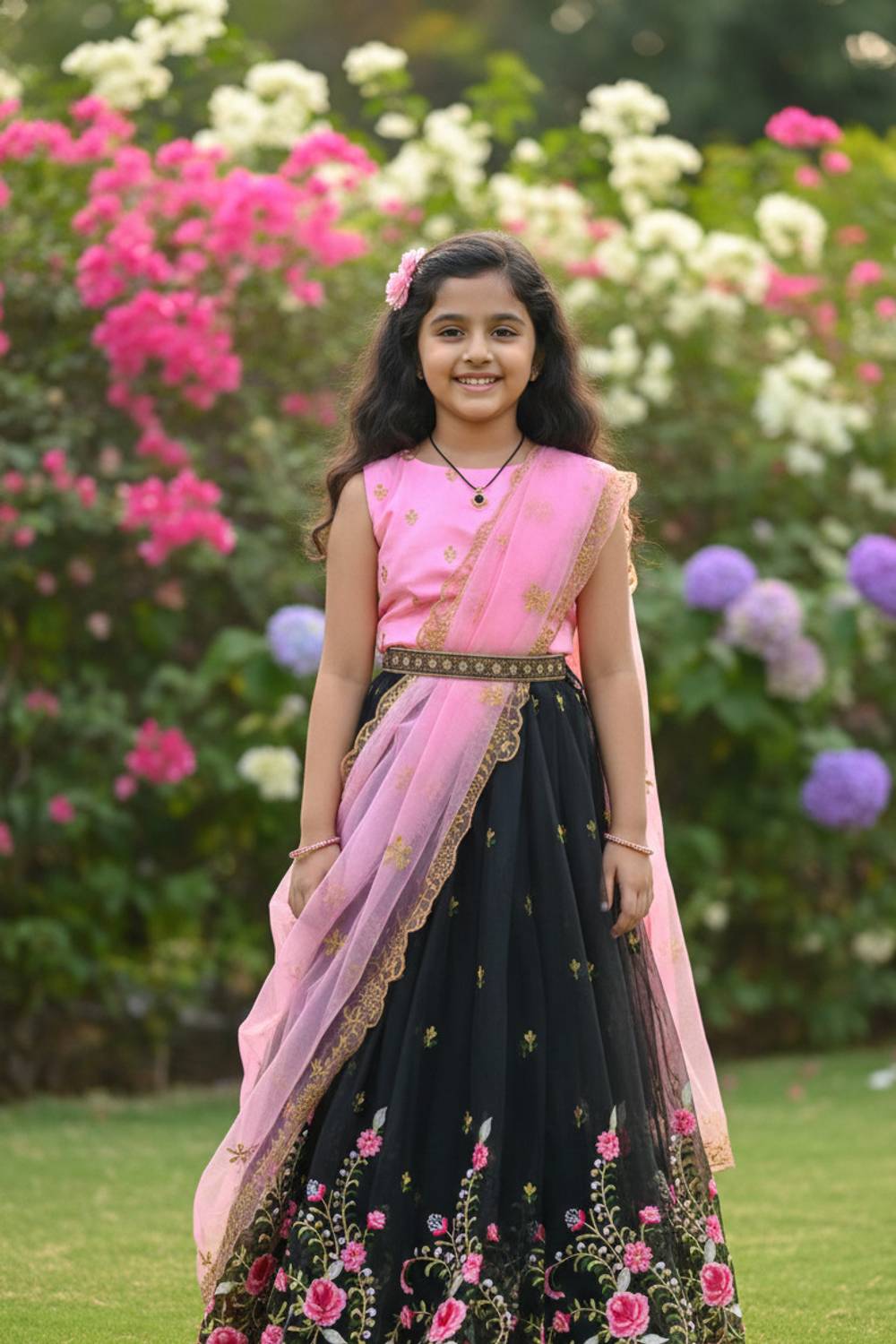 Black And Pink Kids Lehenga Kalbherav Girls Lehenga Choli Ethnic Wear, Party Wear Embroidered Lehenga,  Choli And Dupatta Set