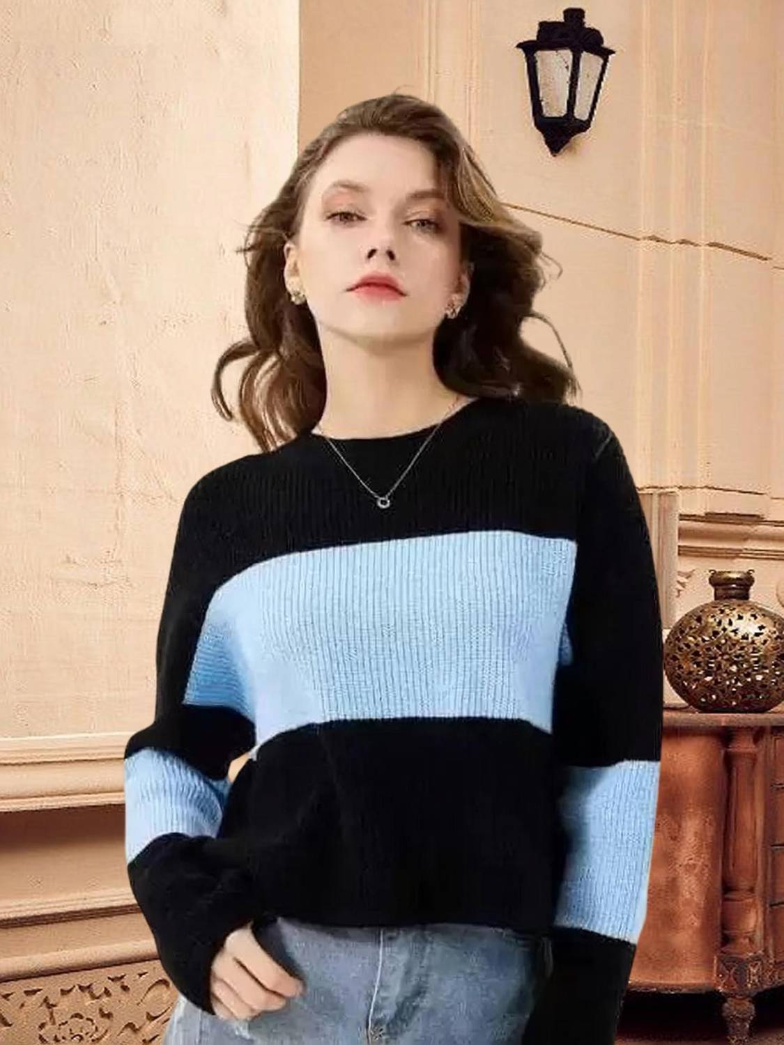 Anika Striped Women Round Neck Black, Light Blue T-Shirt