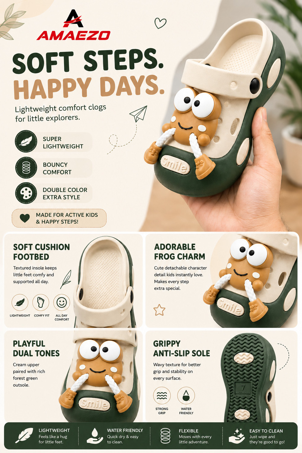Image of amaezo Strap Clogs For Boys & Girls (Green, 2.5-3 Years)