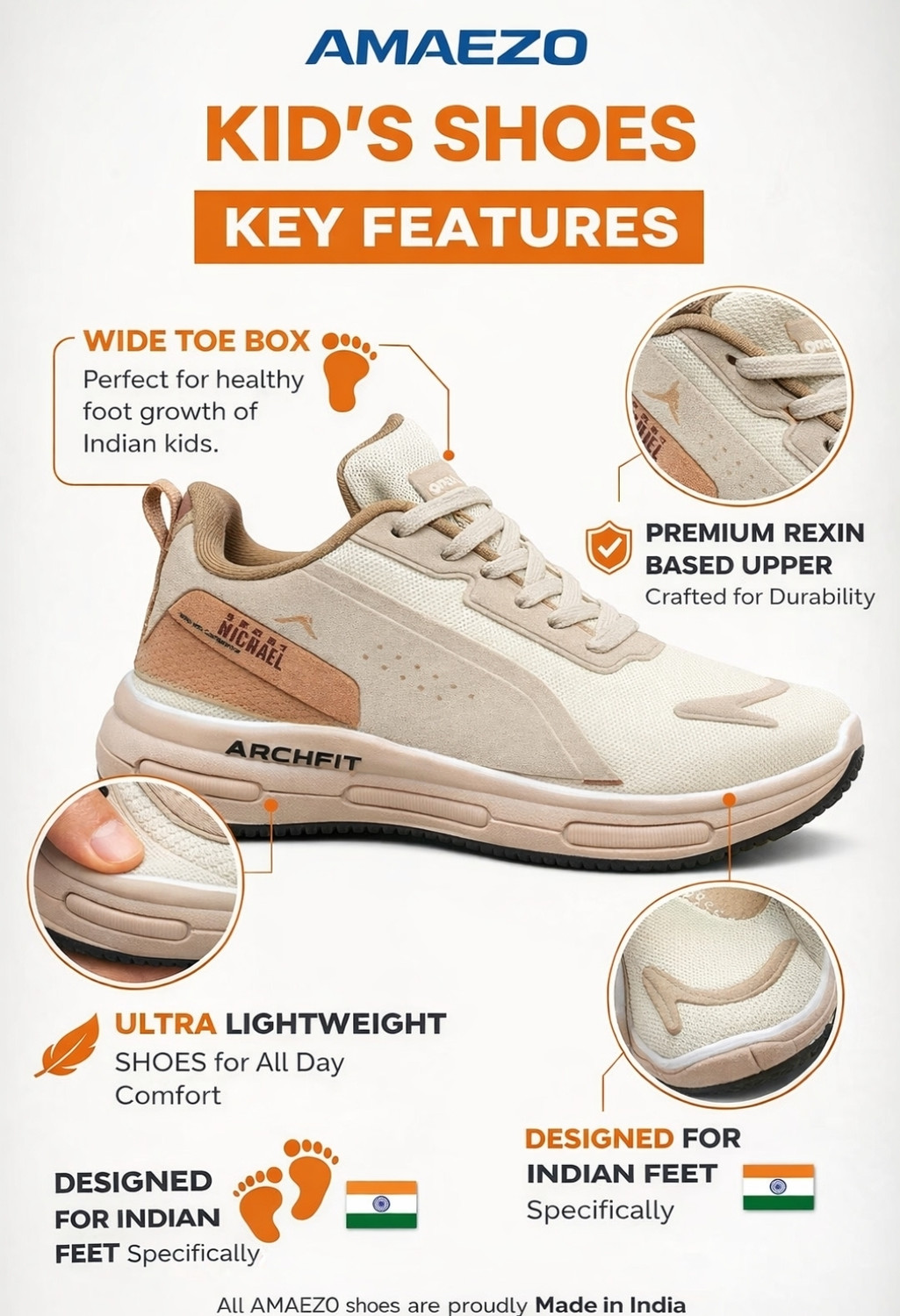 Image of amaezo Lace Sneakers For Boys & Girls (Beige, 4-5 Years)