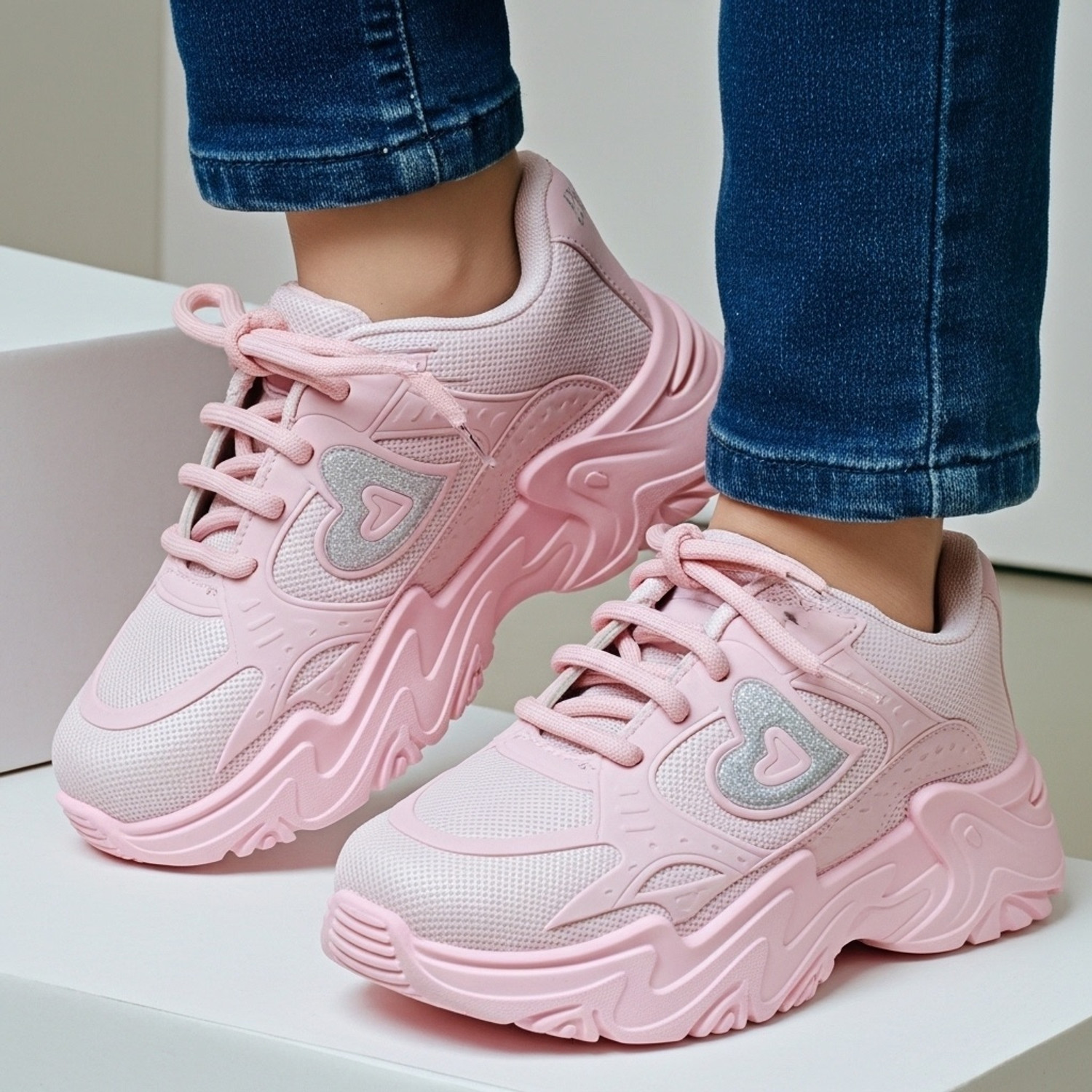 Image of TrendStation Lace Sneakers For Girls (Pink, 4-5 Years)