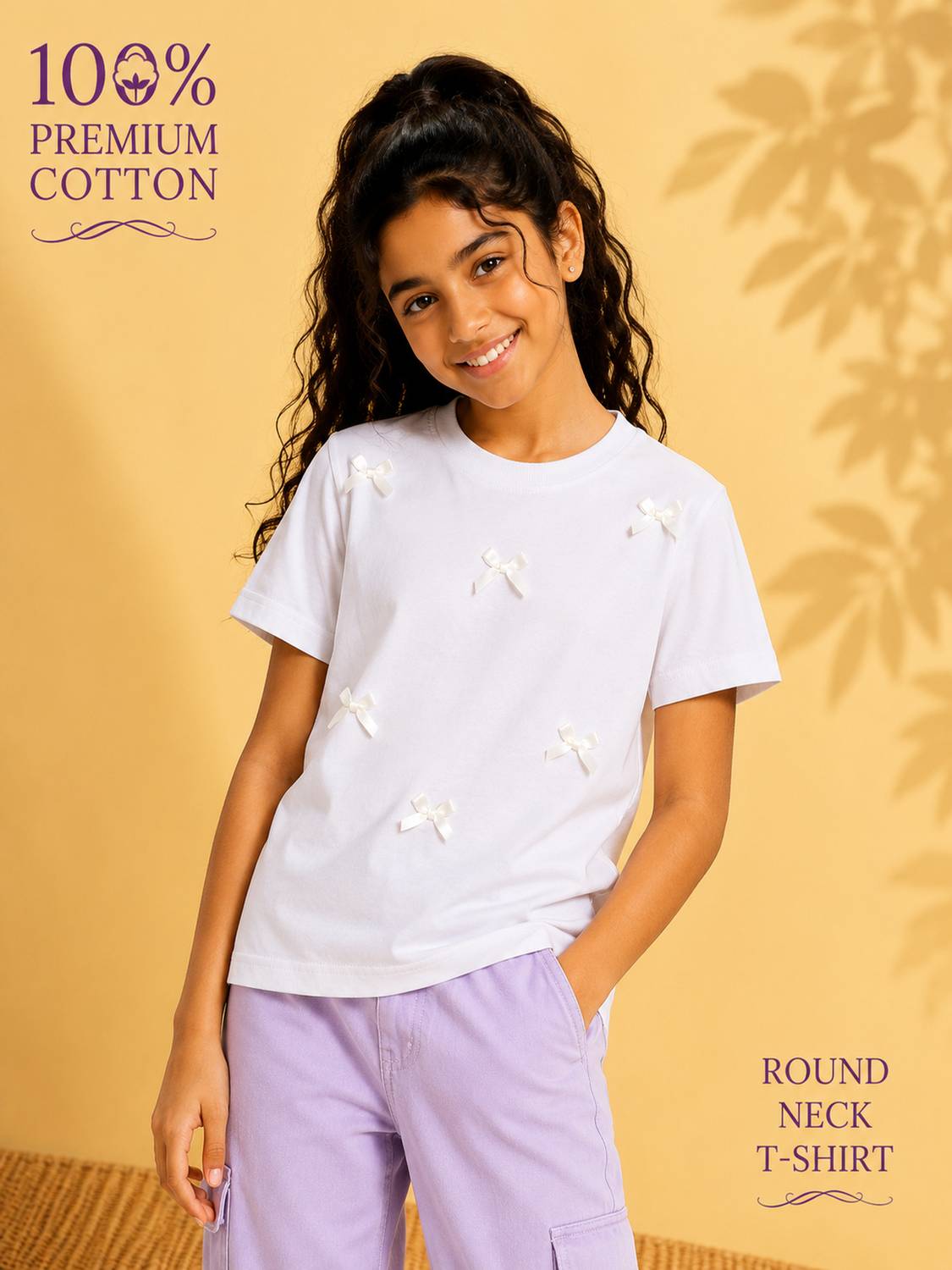 BLUEBUCK Girls Self Design Pure Cotton Regular T Shirt