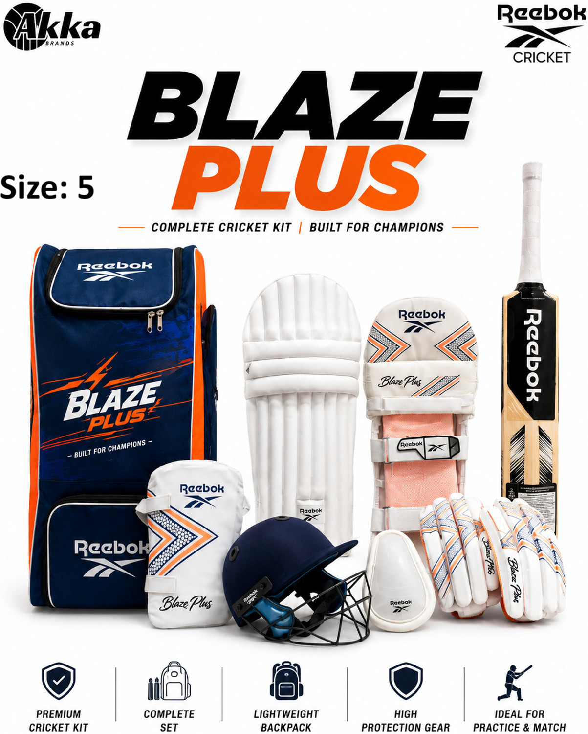 Image of REEBOK Blaze Plus Cricket Kit KW Bat Helmet Leg guards Gloves Kitbag Boys & Adults Cricket Kit