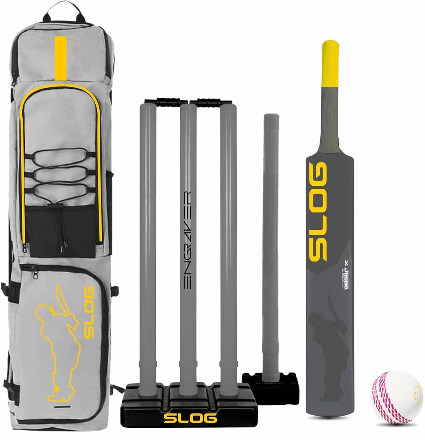 Jaspo Slog Engraver Cricket Kit – Full Size Plastic Bat, Synthetic