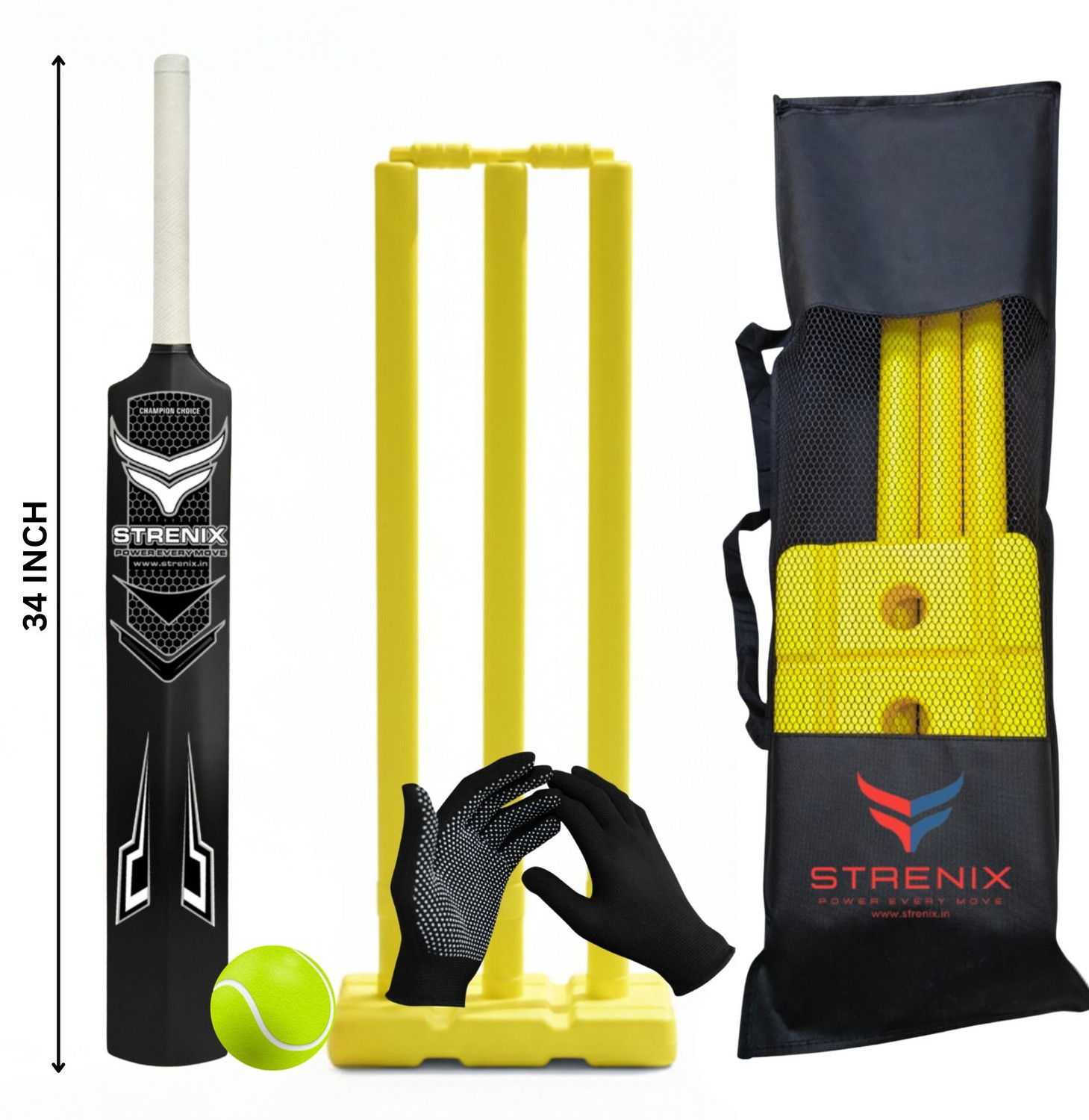 Image of STRENIX Complete Cricket Kit (1 Bat,1 Ball,1 Bag,1GlovesSet, Stump Set) For Champions Cricket Kit