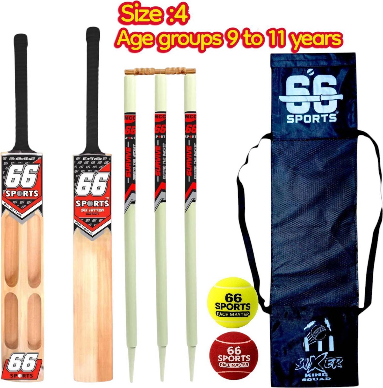 66 sports Premium Wooden Tennis [size 4 Age Group 9 to 11 Years KIds ] Cricket Kit
