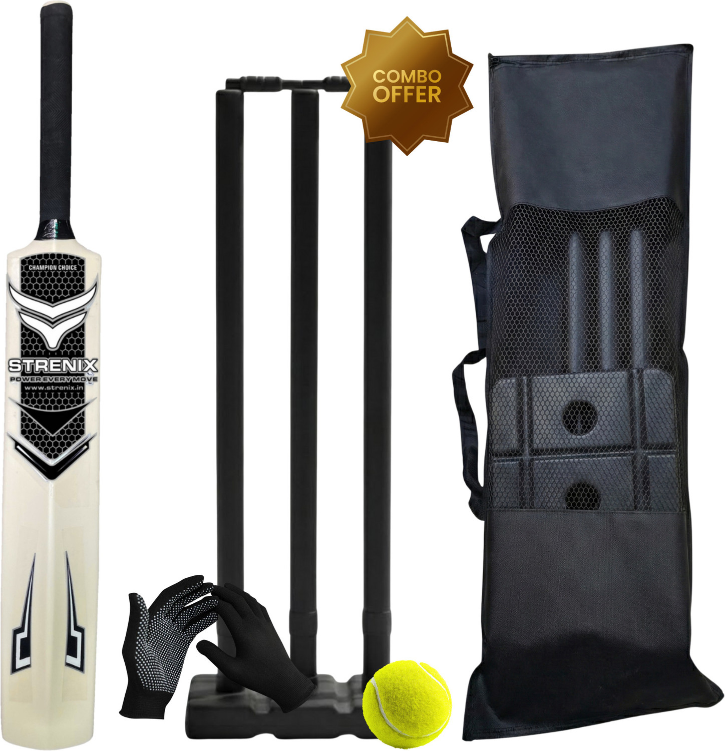 Image of STRENIX Complete Cricket Kit (1 Bat,1 Ball,1 Bag,1GlovesSet, Stump Set) For Champions Cricket Kit