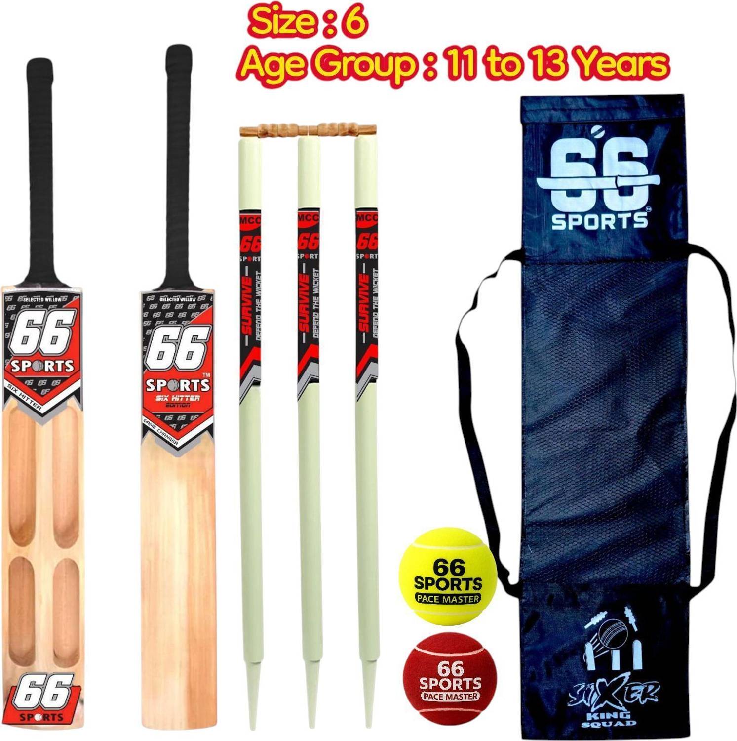 66 sports Premium Wooden Tennis [ size 6 Age Group 11 to 13 Years KIds ] with 2 ball Cricket Kit