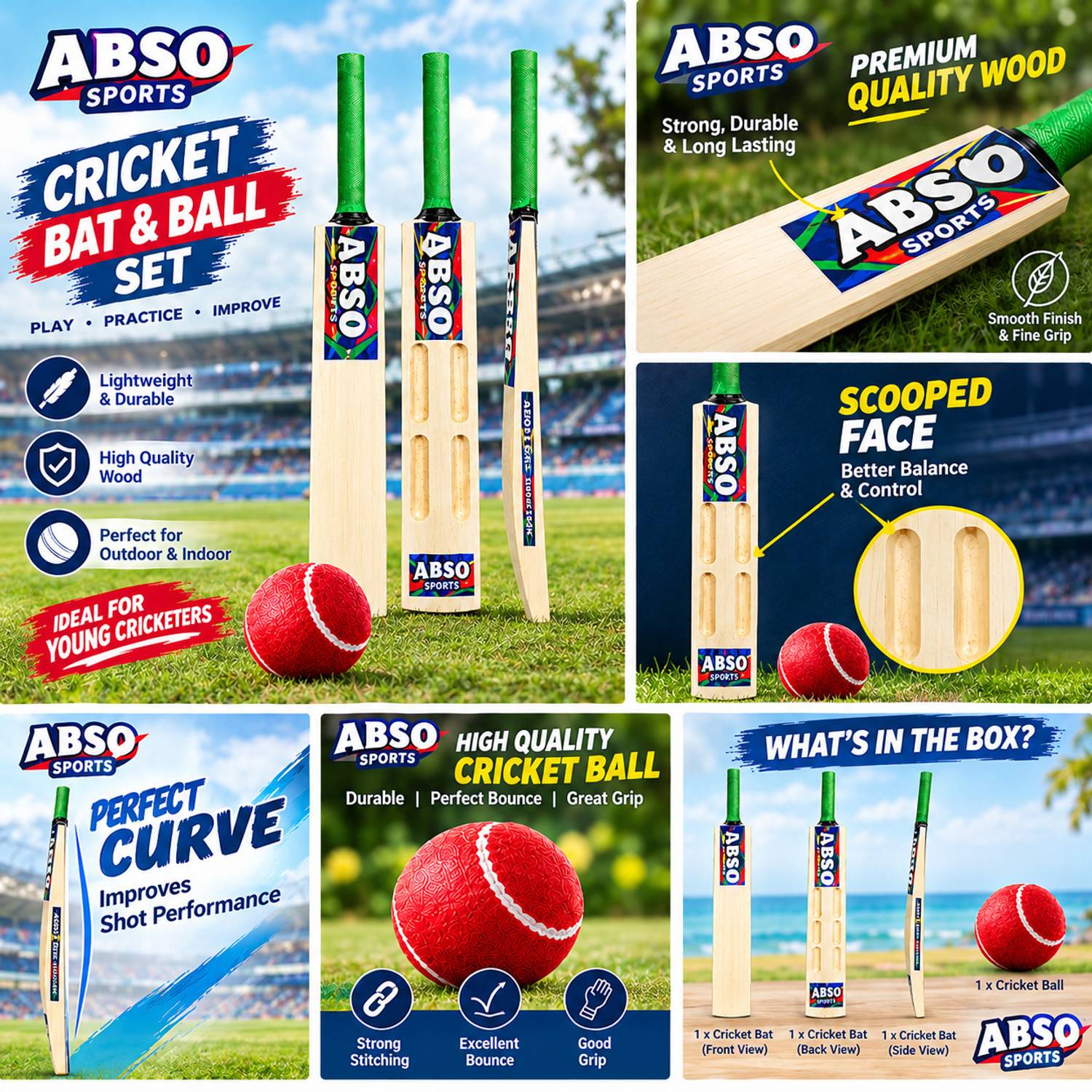 abso Wooden Cricket Bat and Ball with 6 SCOOP Design - Size 1 ("Ages 3-4 years)" Cricket Kit