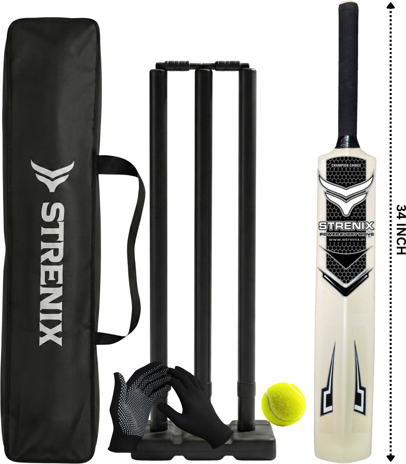 Image of STRENIX 8 No Cricket Set Fiber Chase Master | Bat+Stumps+Ball+Bag+Gloves Cricket Kit