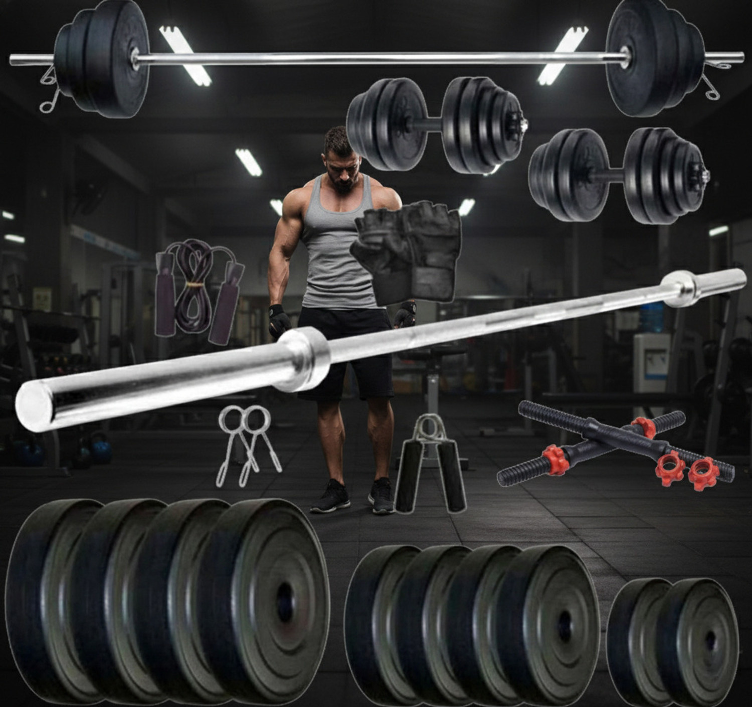 Image of BELLATRIX X PVC 30KG Gym Weight Kit with Dumbbell Rod Black Weight Plate Fitness Accessory Kit Kit