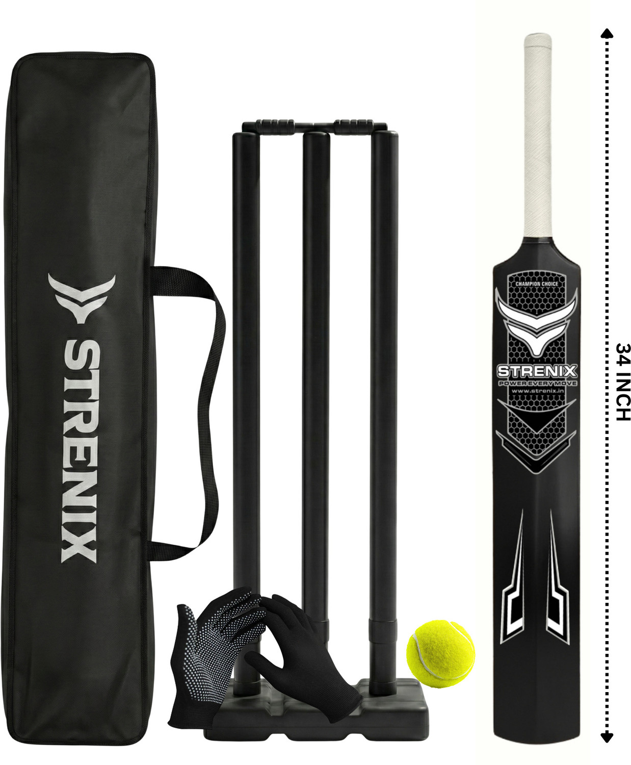 Image of STRENIX 8 No Cricket Set Fiber Chase Master | Bat+Stumps+Ball+Bag+Gloves Cricket Kit