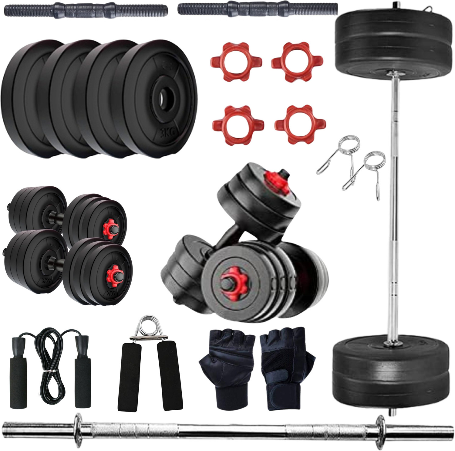 Image of ANSH FIT 40KG Home Gym Dumbbell Plate Set with 3FT Straight Rod & Accessories Home Gym Combo