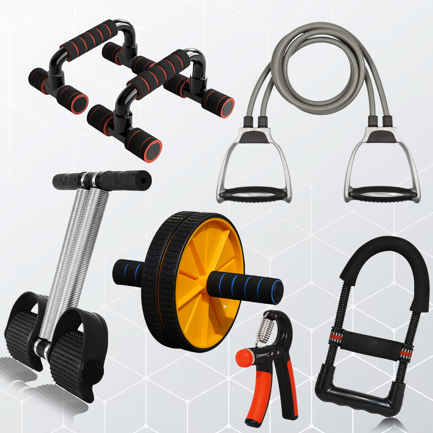 Image of Manogyam Toning Tube,Tummy Trimmer ,Pushup bar &Ab roller,Hand Gripper,Wrist Exerciser Fitness Accessory Kit Kit