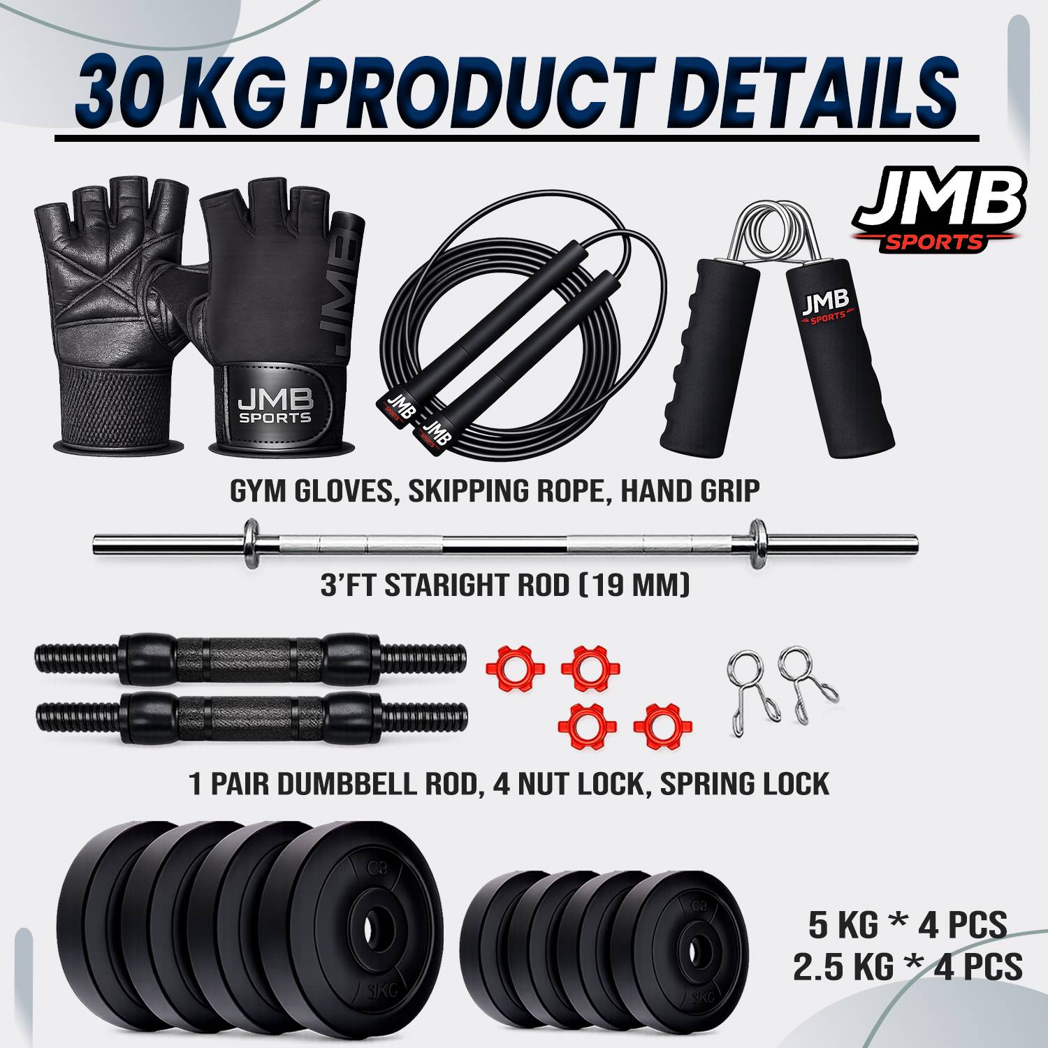 JMB 30kg Gym Set with Straight Rod, Dumbbells - Image 2