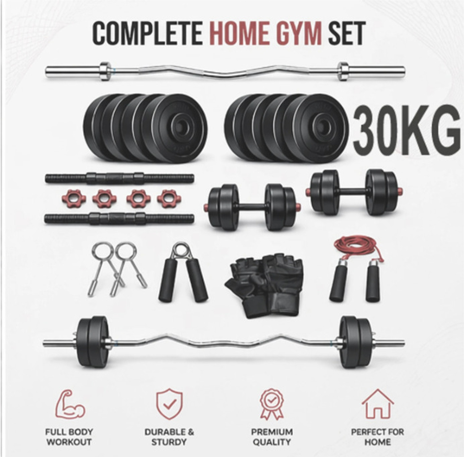 Image of BELLATRIX X 30 kg FITNESS Home Dumbbell Kit + 3ft Curl Rod Accessories Home Gym Combo Black Bar & Plate Combo (30 kg)