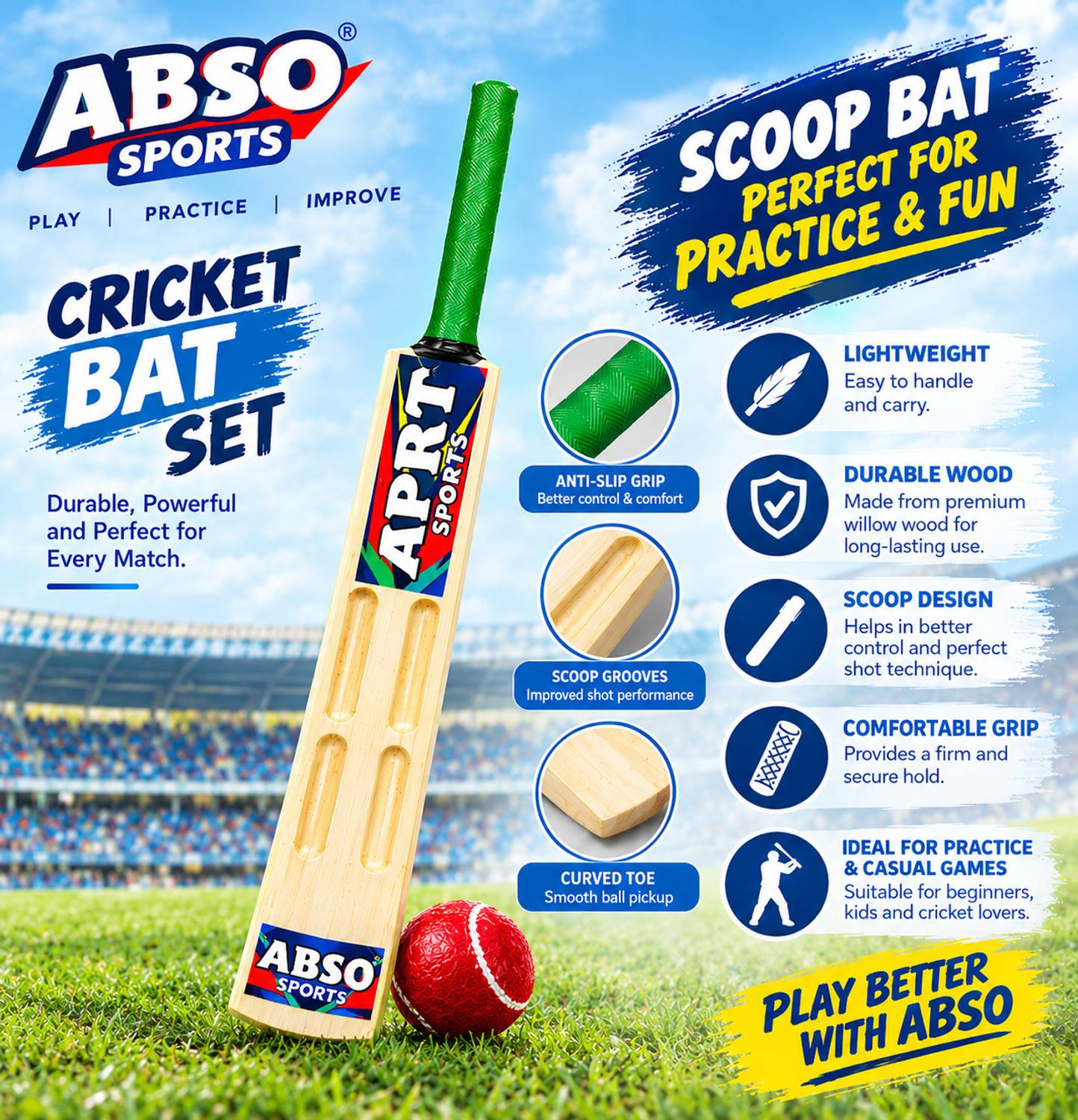 abso Junior wooden Cricket Bat and Ball with 6 SCOOP Design Size 3 Cricket Kit