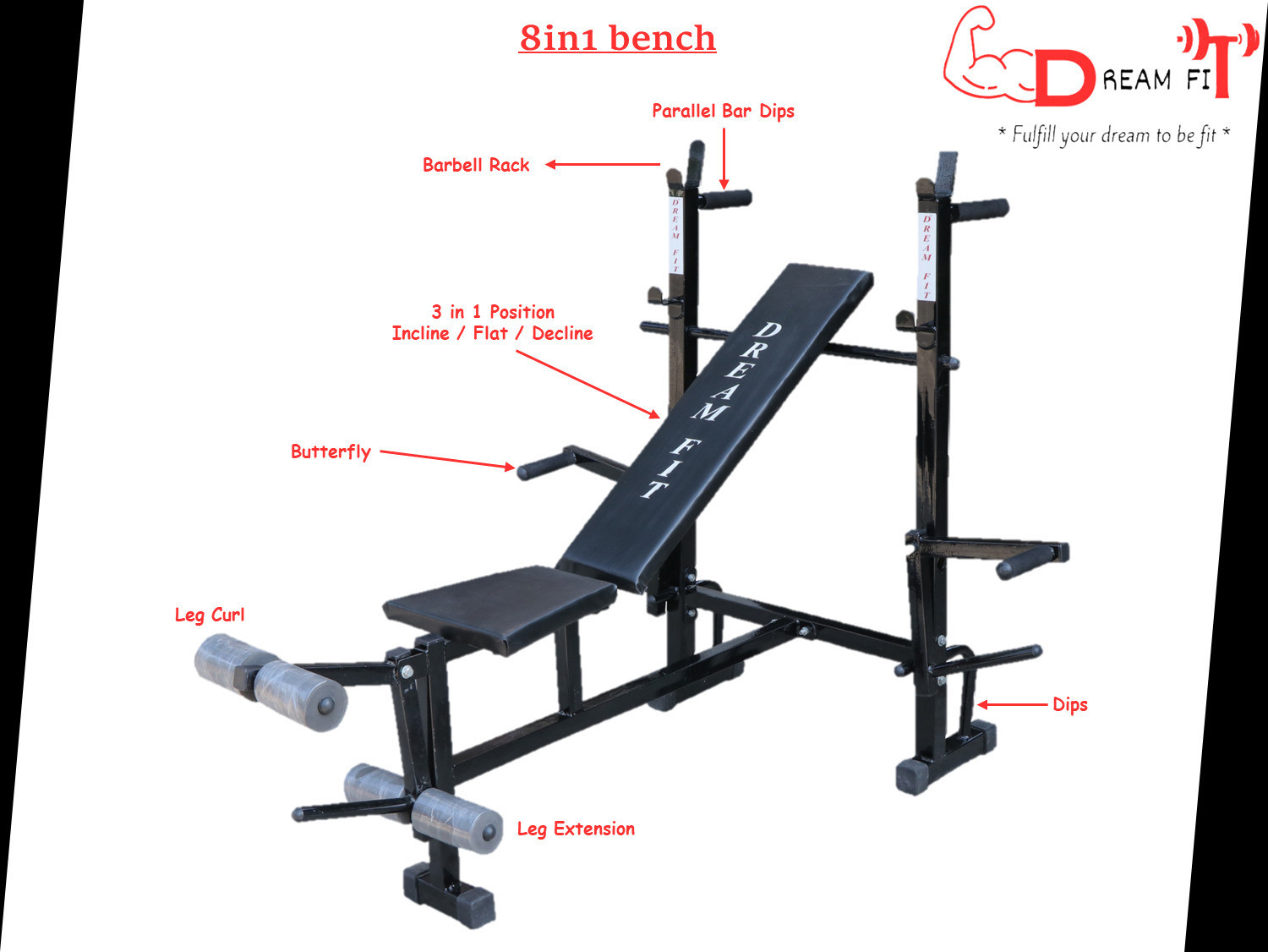 Image of DreamFit 50 kg Steel plates, 8in1 bench, 23mm 3ft curl & 5ft straight rod, dumbbell rods & acc Home Gym Combo