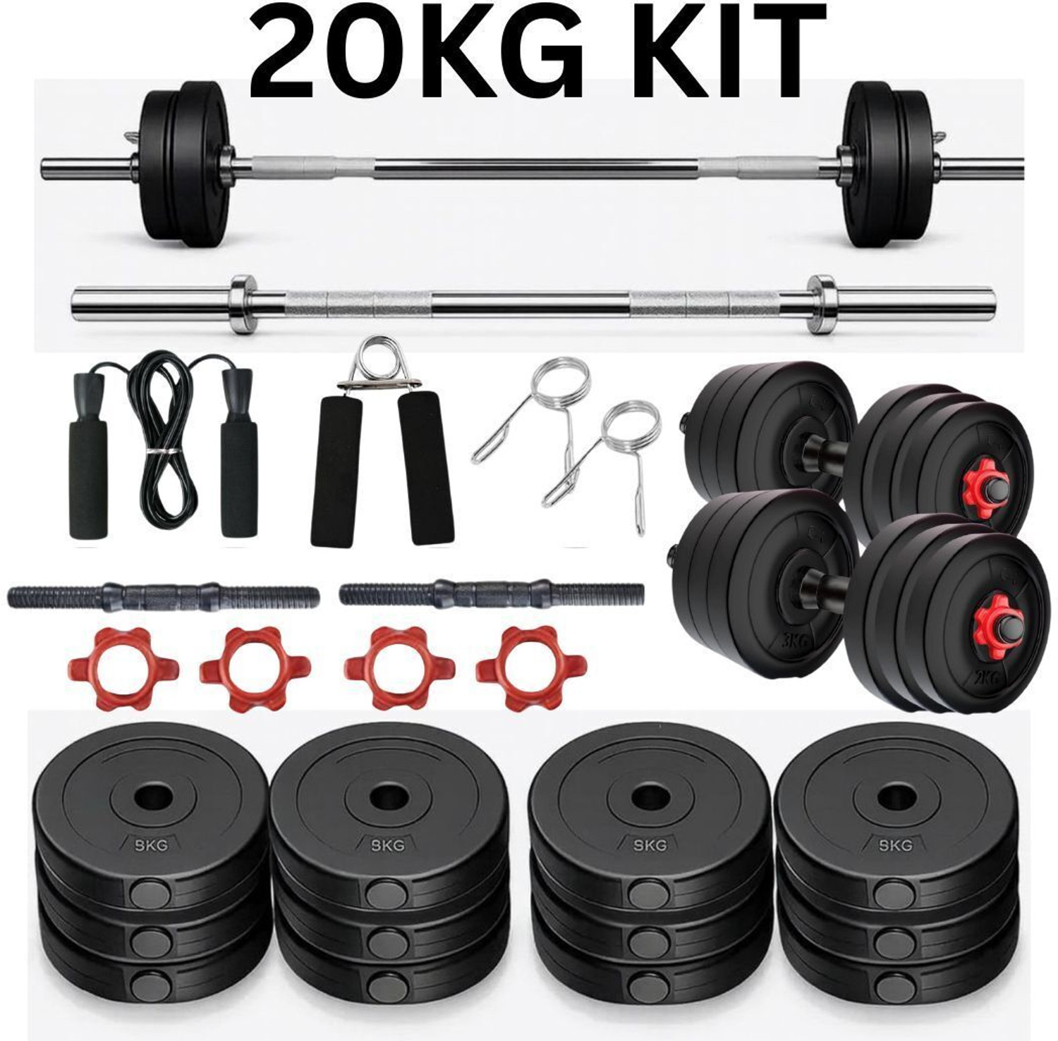 Image of ANSH FIT 20KG Gym Kit with Dumbbells, 3FT Rod, Rope & Hand Gripper, new 71 Fitness Accessory Kit Kit
