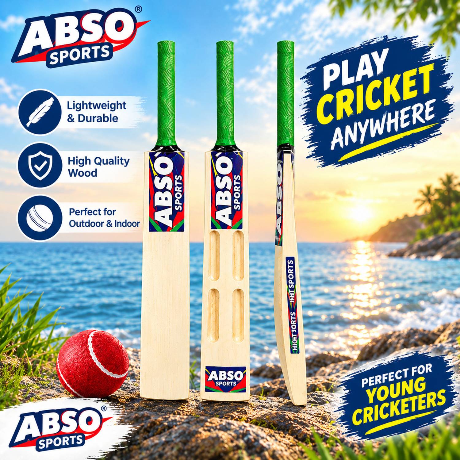 abso Wooden Cricket Bat and Ball with 2 SCOOP Design - Size 1 ("Ages 3-4 years)" Cricket Kit
