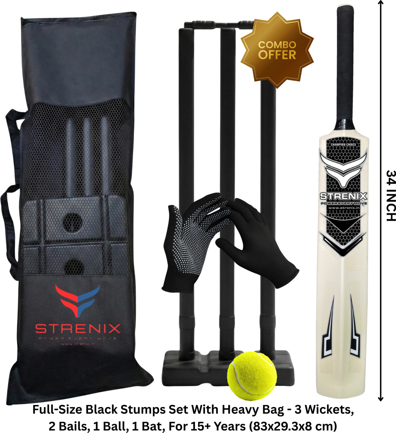 Image of STRENIX Complete Cricket Kit (1 Bat,1 Ball,1 Bag,1GlovesSet, Stump Set) For Champions Cricket Kit