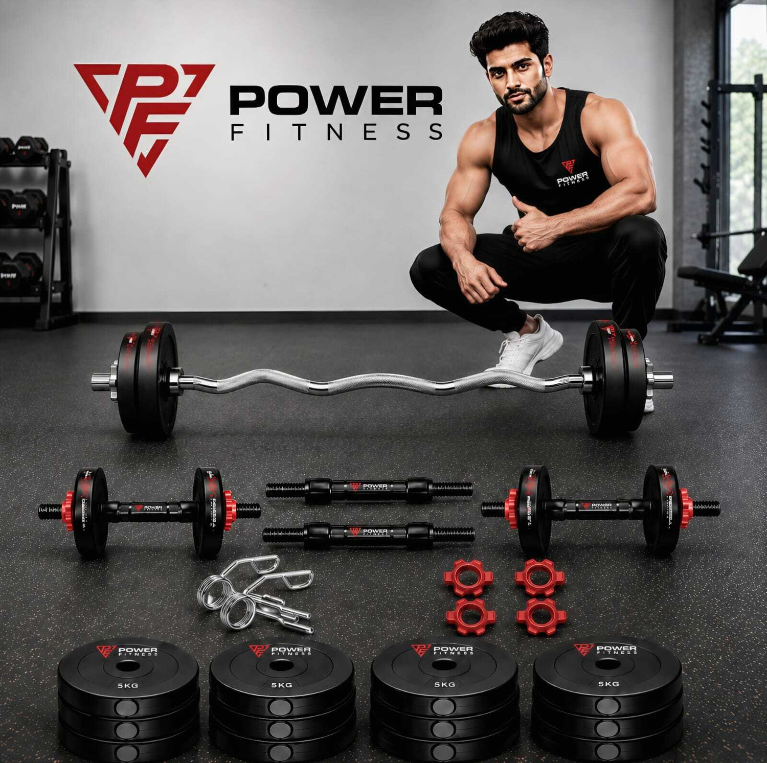 Image of POWER FITNESS 50kg pvc Adjustible dumbbles kit with 3ft curl rod Adjustable Dumbbell