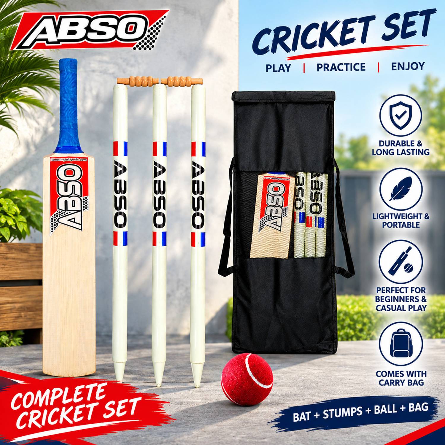 abso Super Shot Wooden Cricket Kit Size-05 for Age Group 11-12 Years Cricket Kit