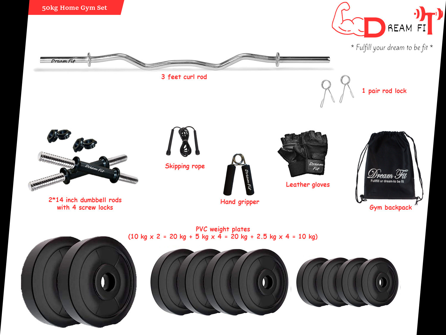 Image of DreamFit 50 kg 50kg PVC plates, 3ft curl rod, dumbbell rods & gym accessories Home Gym Combo