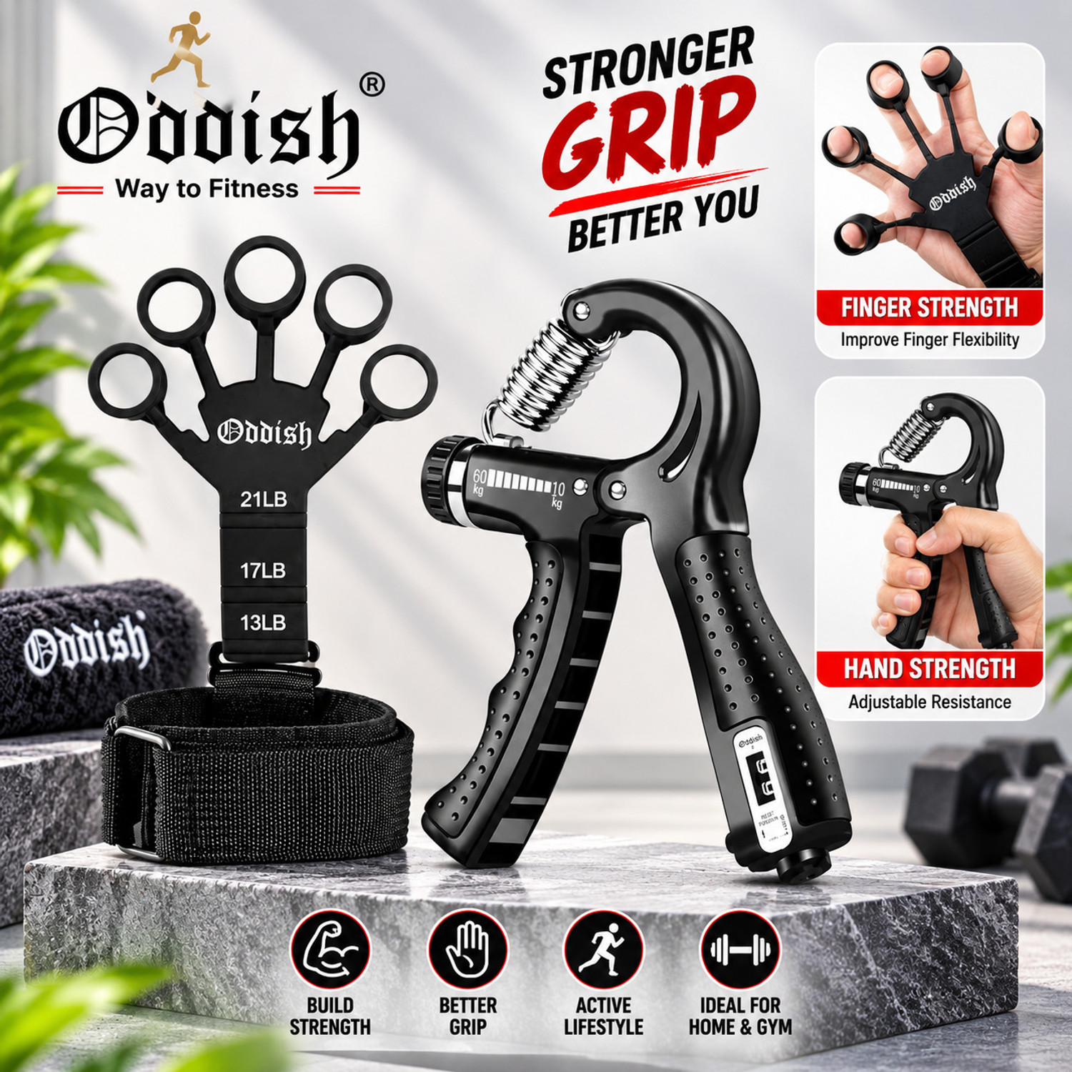 Image of Oddish UPGRADED Finger Stretcher, Band And Hand Gripper Counter 5 TO 60Kg Fitness Accessory Kit Kit