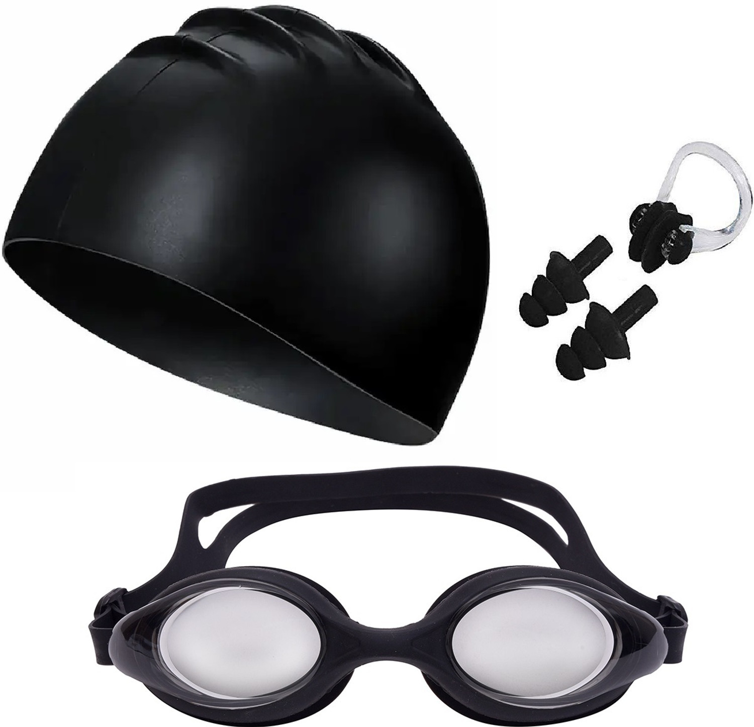 Image of THE MORNING PLAY BLACK SWIMMING KIT WITH CAP GOGGLE NOSE PLUG EAR PLUG Swimming Kit
