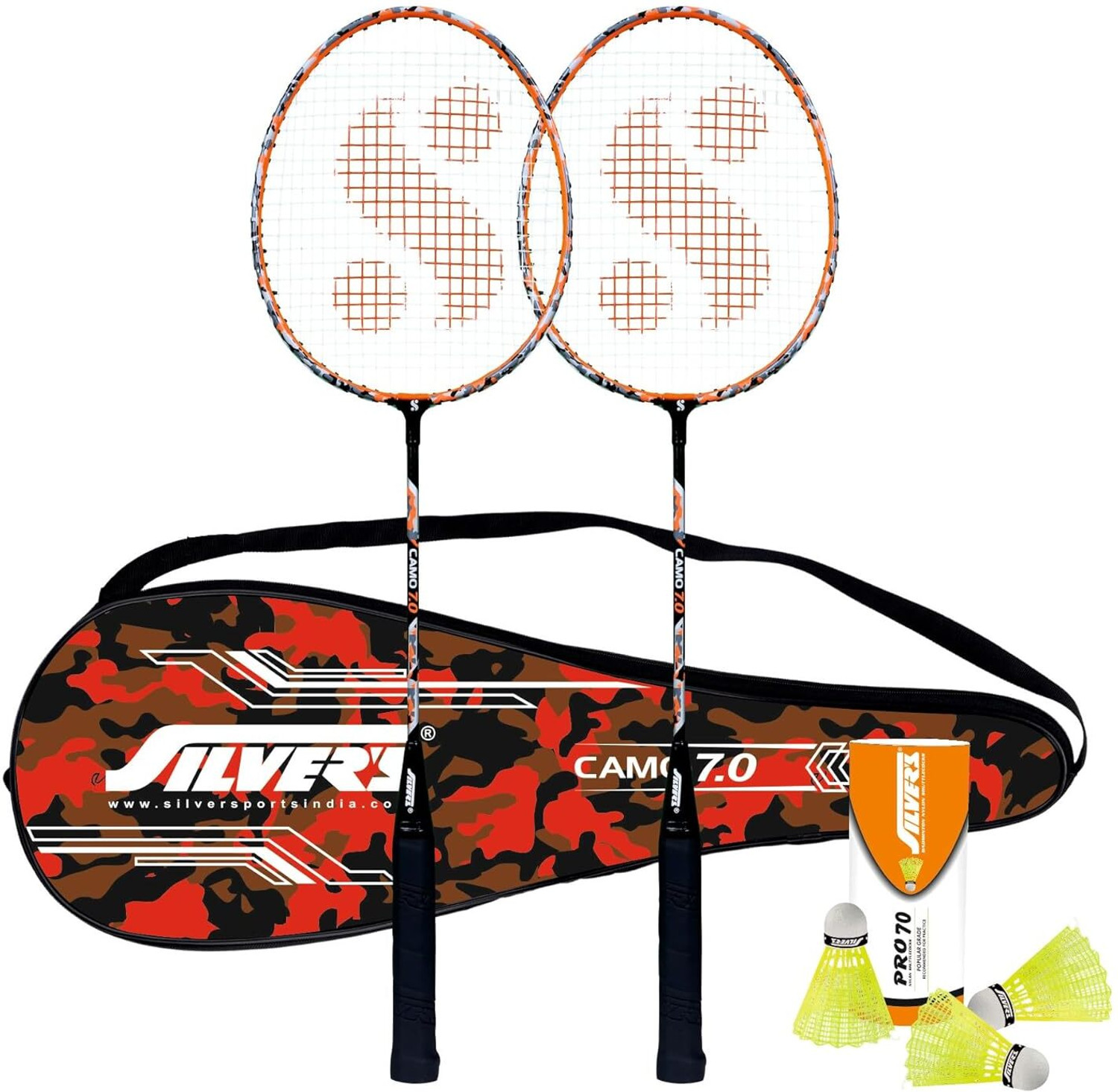 Image of SILVER`S Aluminium Camo 7.0 (2 Rackets,1 Full Cover, 1 Box Nylon Shuttle Pack of 3) Badminton Kit