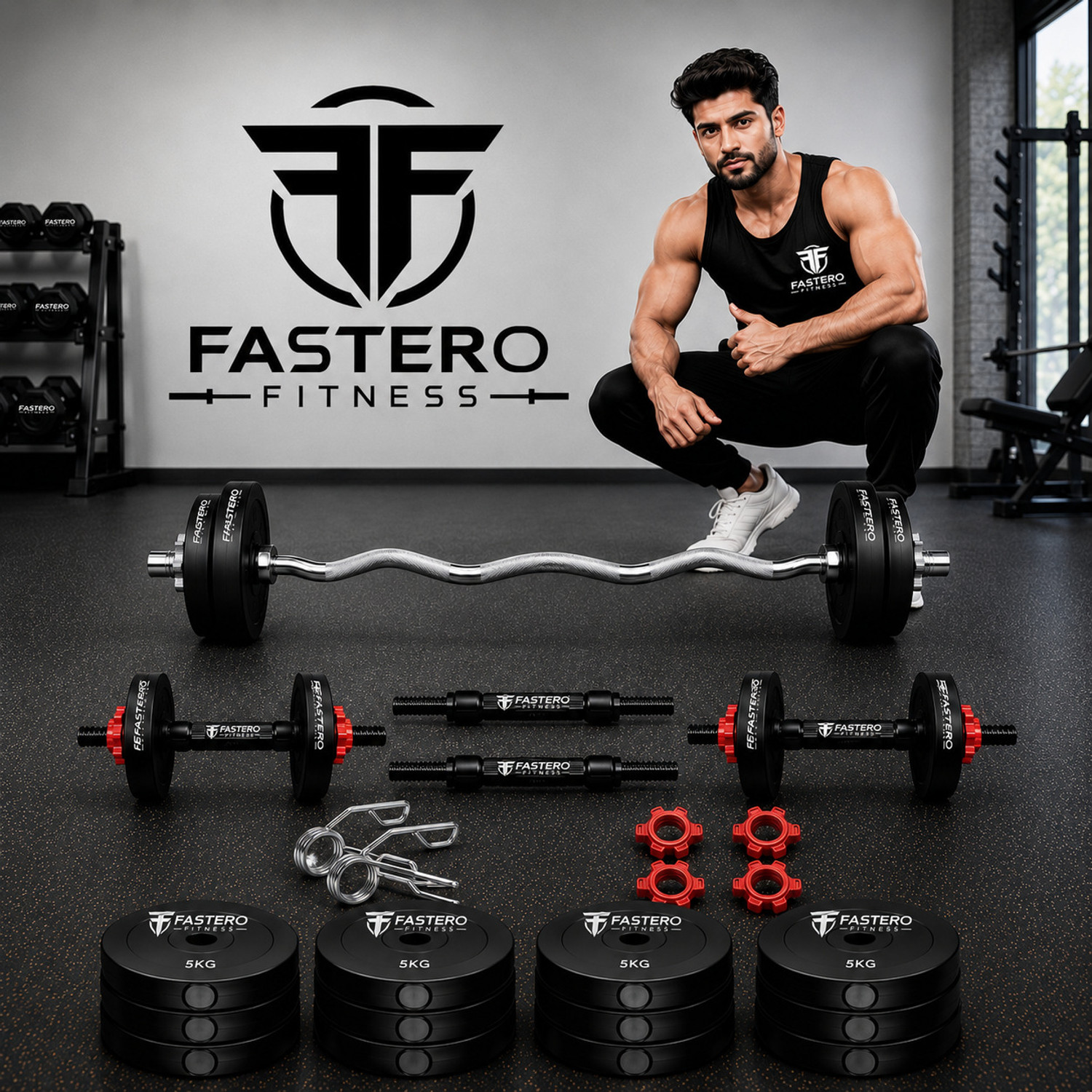 Image of FASTERO FITNESS 20 kg pvc adjustable dumble with 3ft curl rod Adjustable Dumbbell