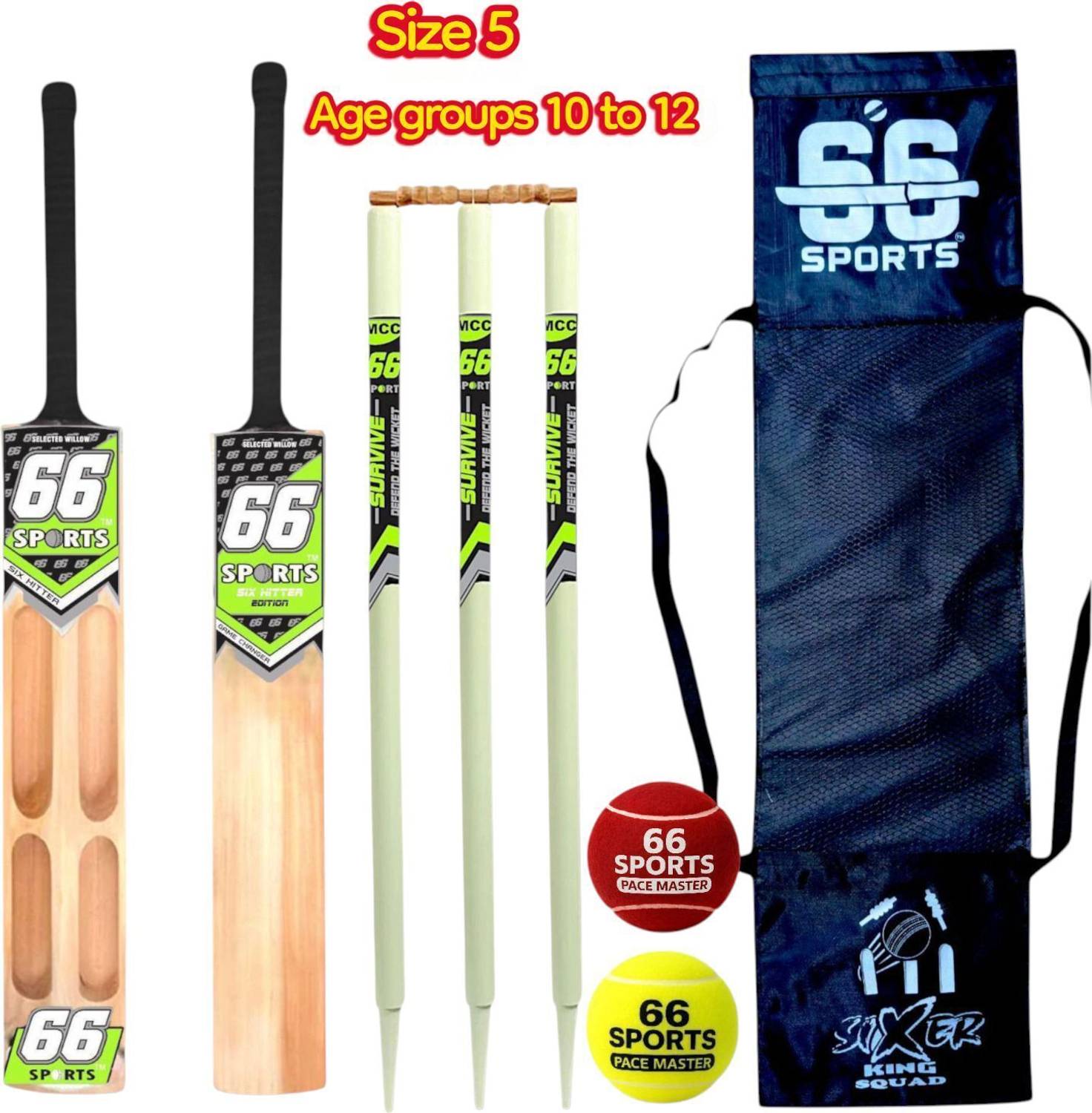 66 sports Premium Wooden Tennis size 5 [ Age Group 10 to 12 Years KIds ] with two ball Cricket Kit