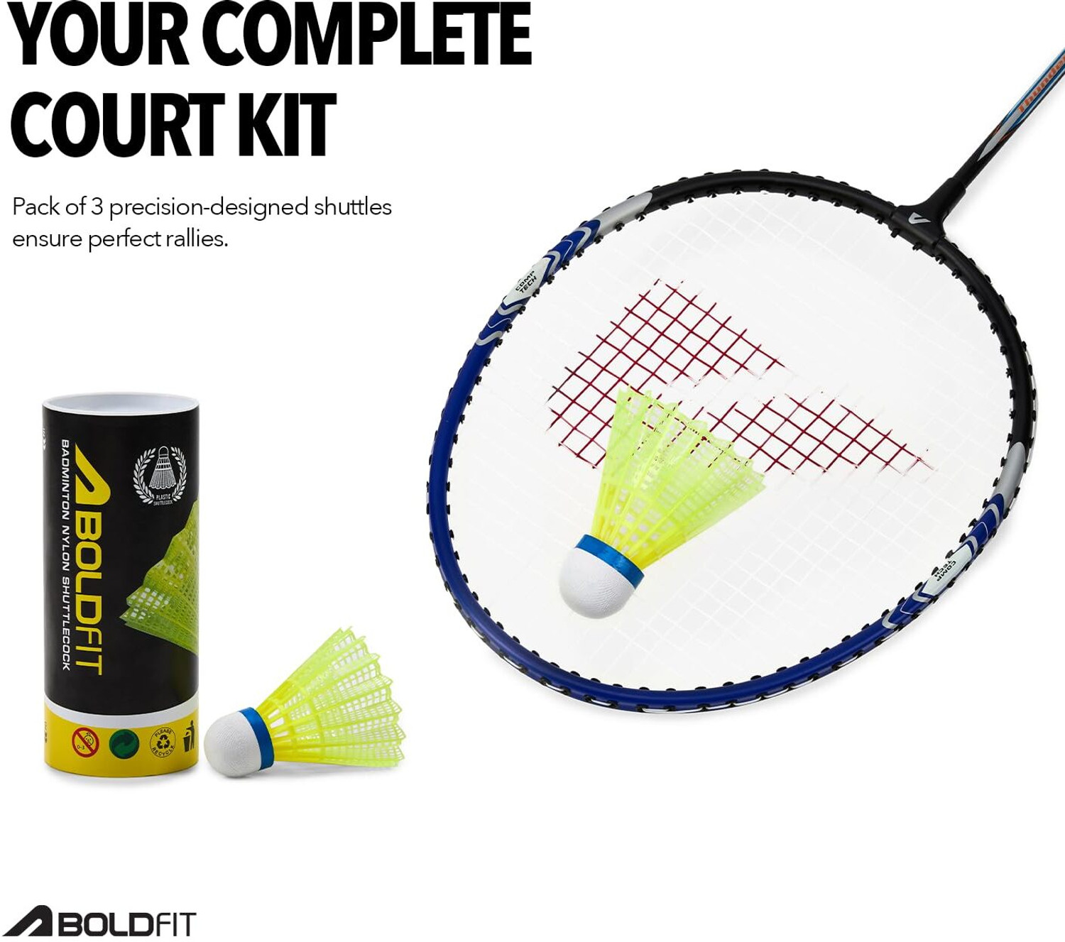 Image of BOLDFIT Aeroflex - Set of 2 Aluminum racquets + 1 tube (3 nylon shuttles) in 1 cover Badminton Kit