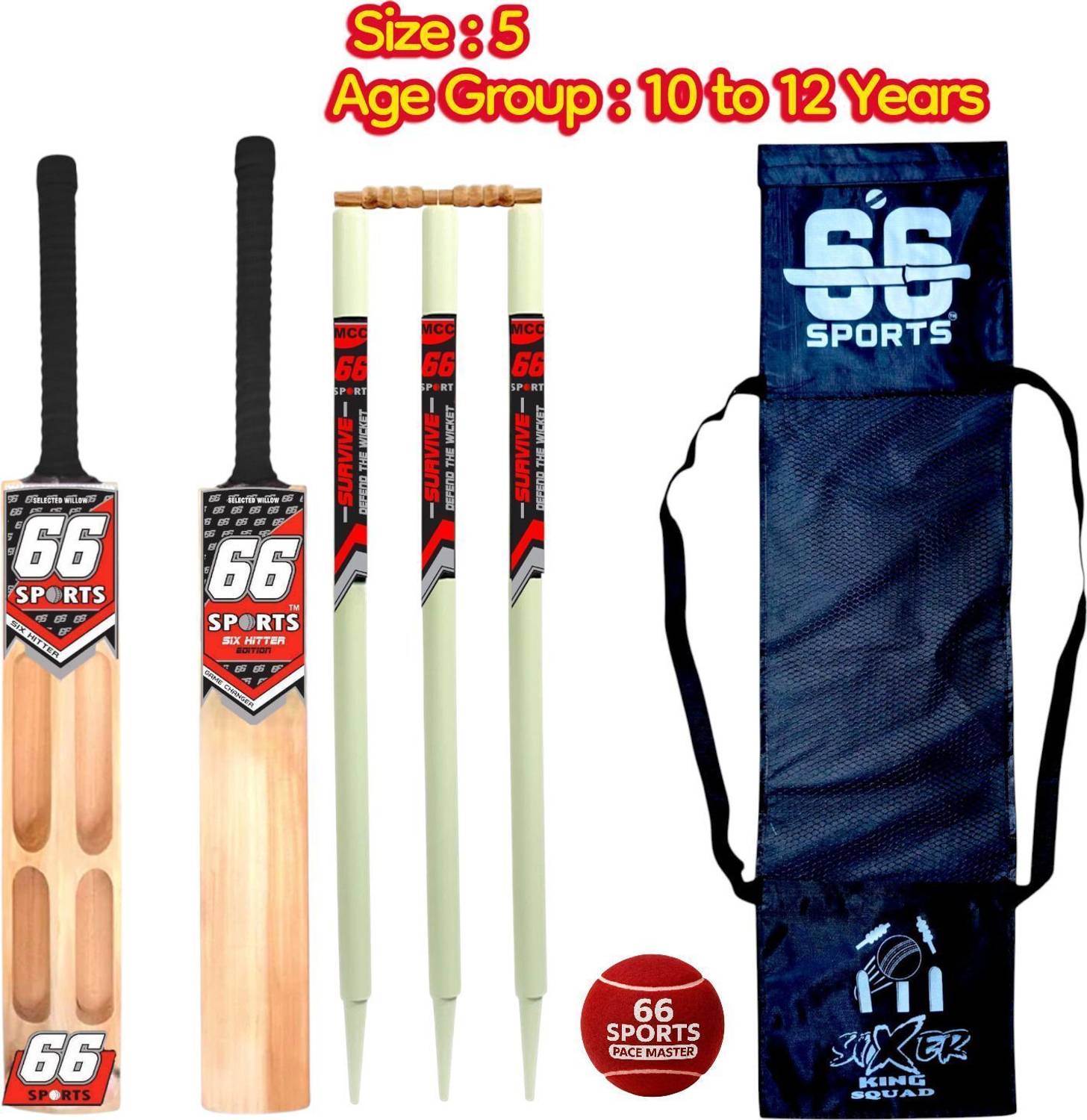 66 sports Premium Wooden Tennis Popular Kashmiri Willow [ Age Group 10 to 12 Years KIds ] Cricket Kit