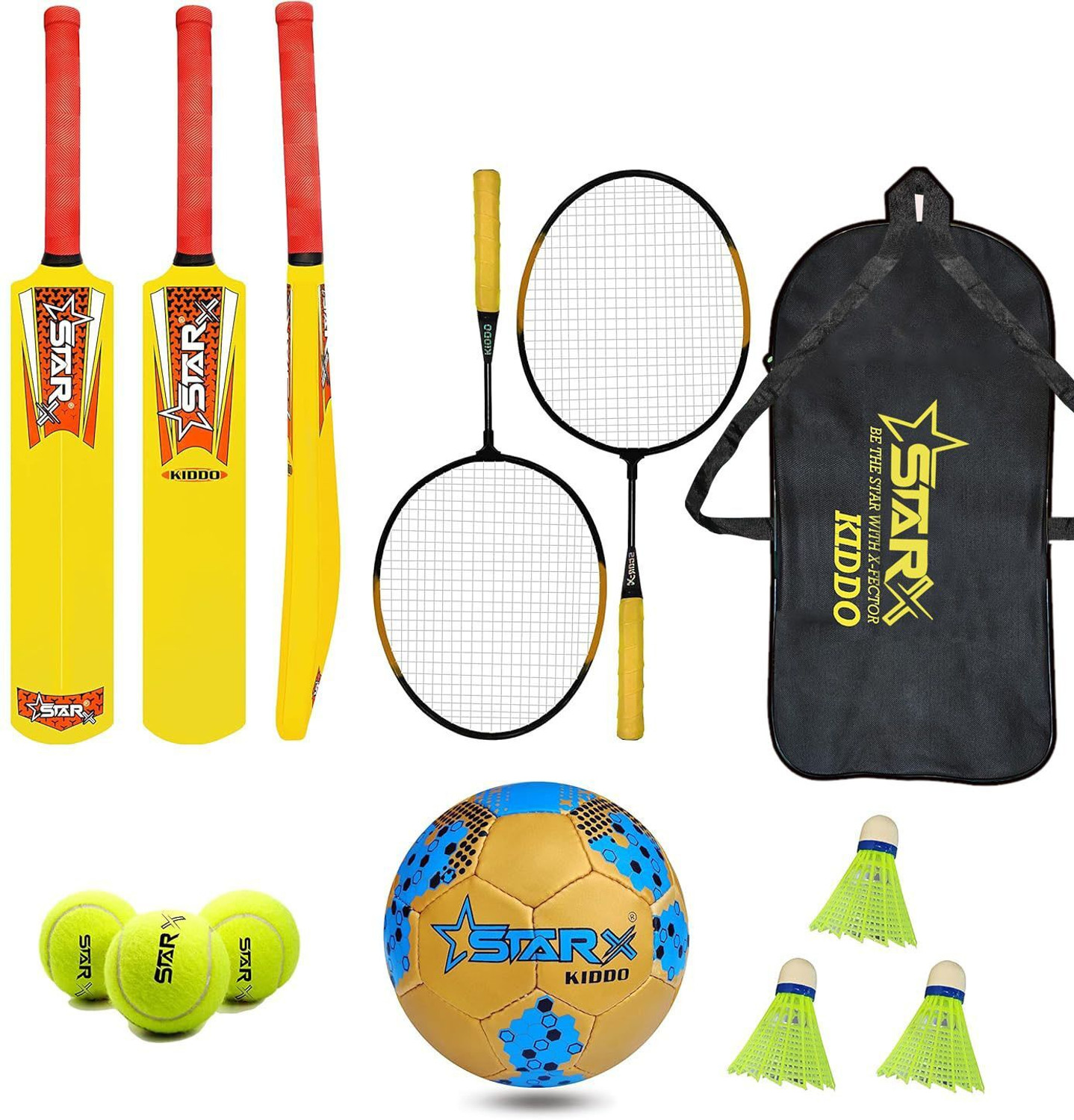 Image of STARX Kiddo Sports Kit Combo For 3 to7 Year Kids, Football, Badminton Kit, Plastic Bat Cricket Kit