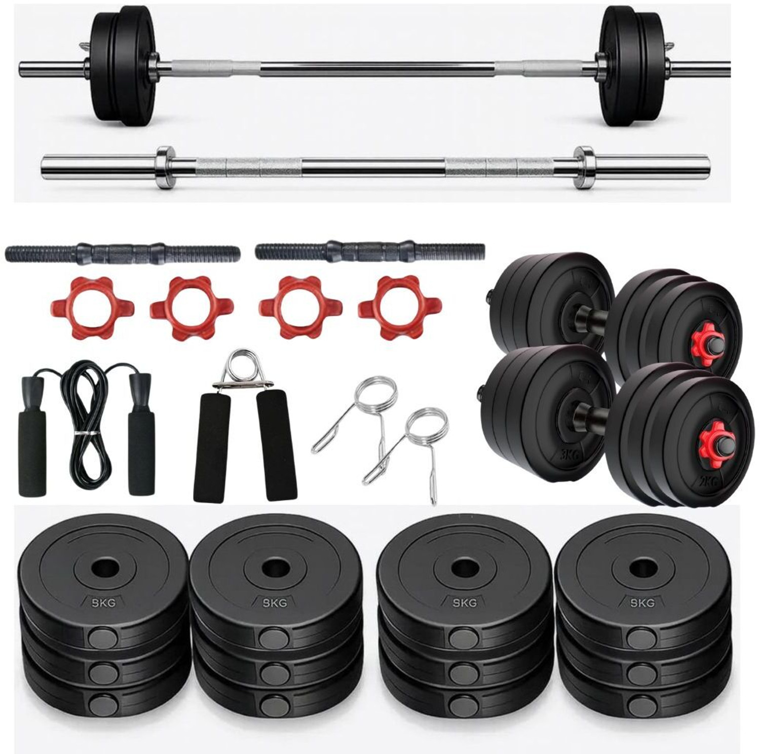 Image of PKN FIT 20KG Fitness Kit Dumbbell Set with Rod, Rope, Gloves & Gripper Fitness Accessory Kit Kit
