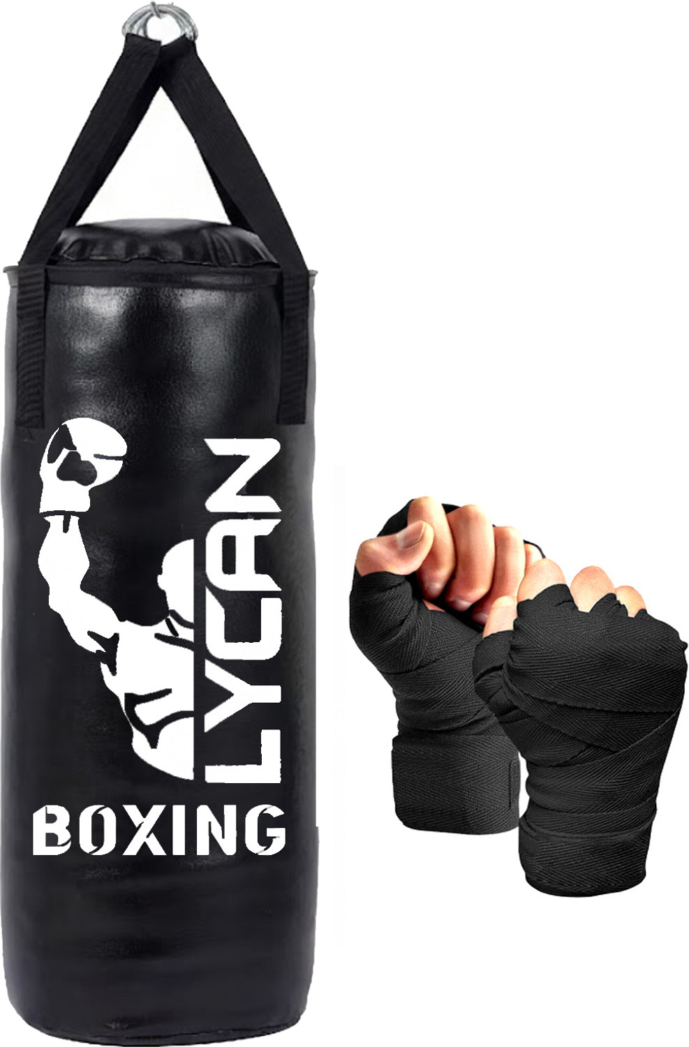 Image of LYCAN UNFILLED Heavy Premium 2 FT Black SRF Punching Bag & Hand Wrap Boxing Kit