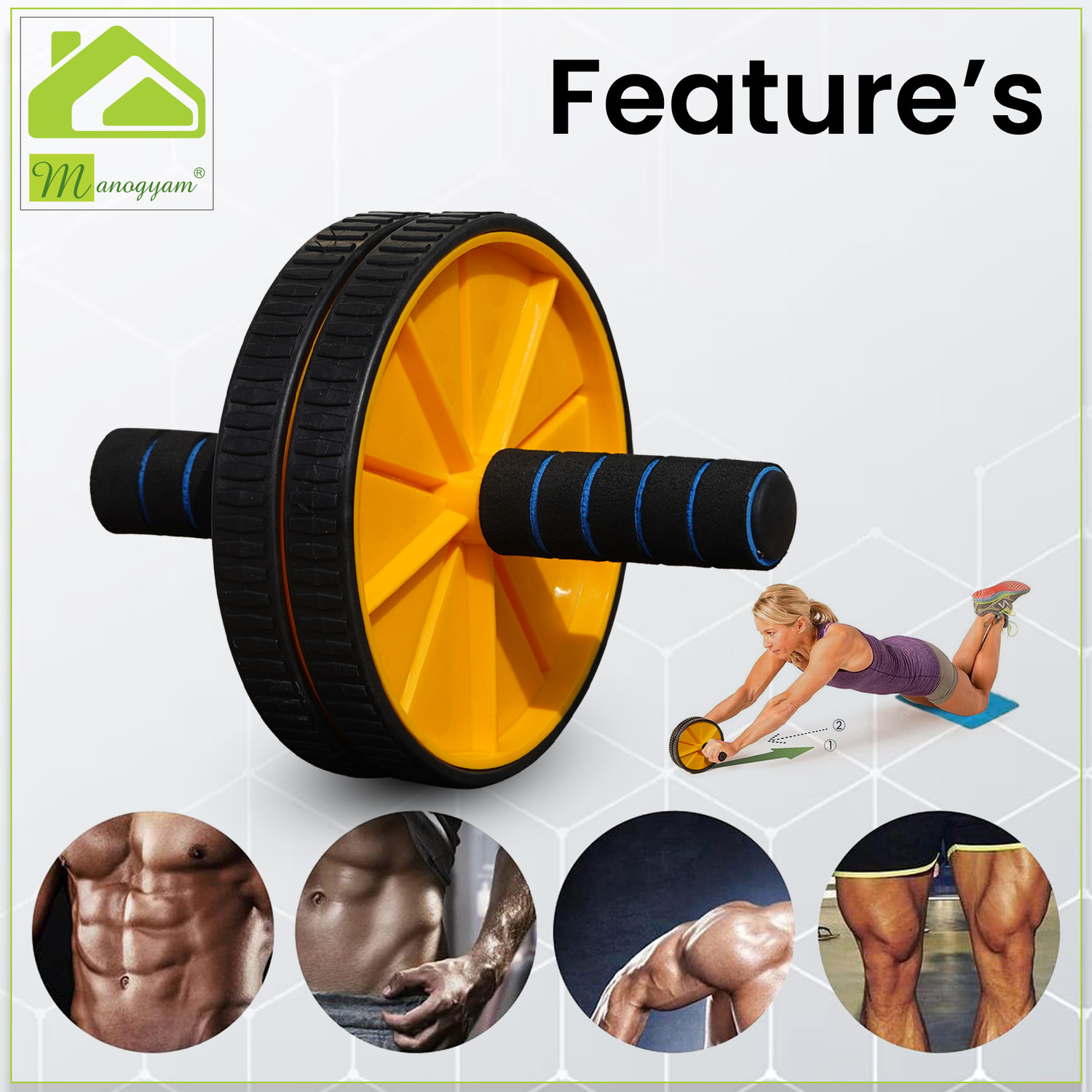 Image of Manogyam Toning Tube,Tummy Trimmer ,Pushup bar &Ab roller,Hand Gripper,Wrist Exerciser Fitness Accessory Kit Kit