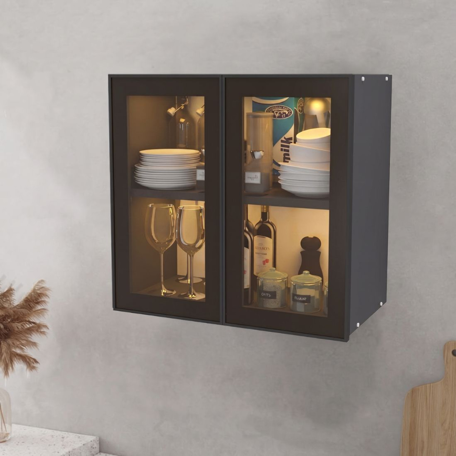 Image of SPECIALITY PANELS Black Prof 2 Door Brown Tinted Glass handless Shutter Free assembly by Brand Engineered Wood Crockery Cabinet