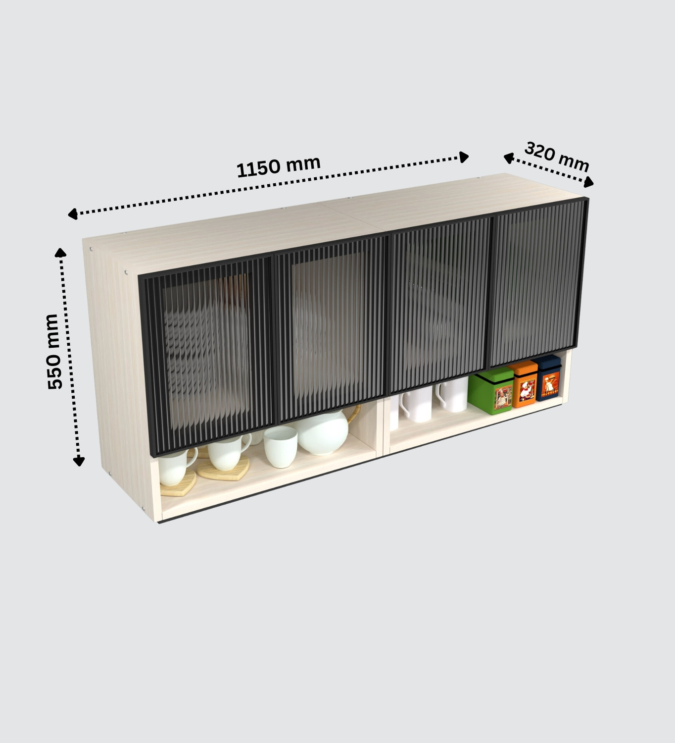 Image of SPECIALITY PANELS Aluminium Profile 4 Door Fluted Glass Handless, OrganizerShelf, FrenchCleat Engineered Wood Crockery Cabinet