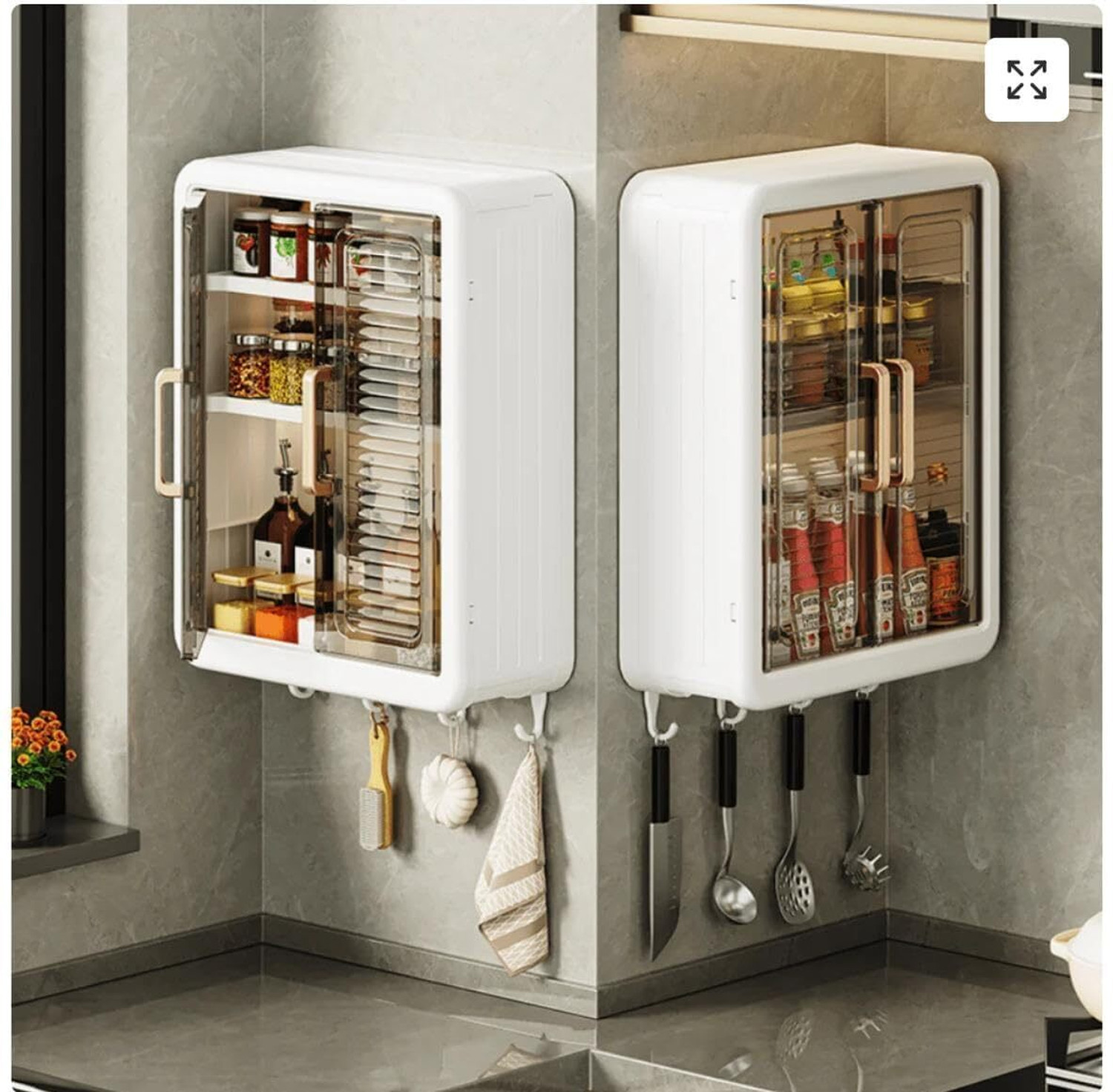 Image of PIXNA Premium Wall-Mounted Multi-Purpose Storage Cabinet with Transparent Doors &Hooks Plastic Kitchen Cabinet