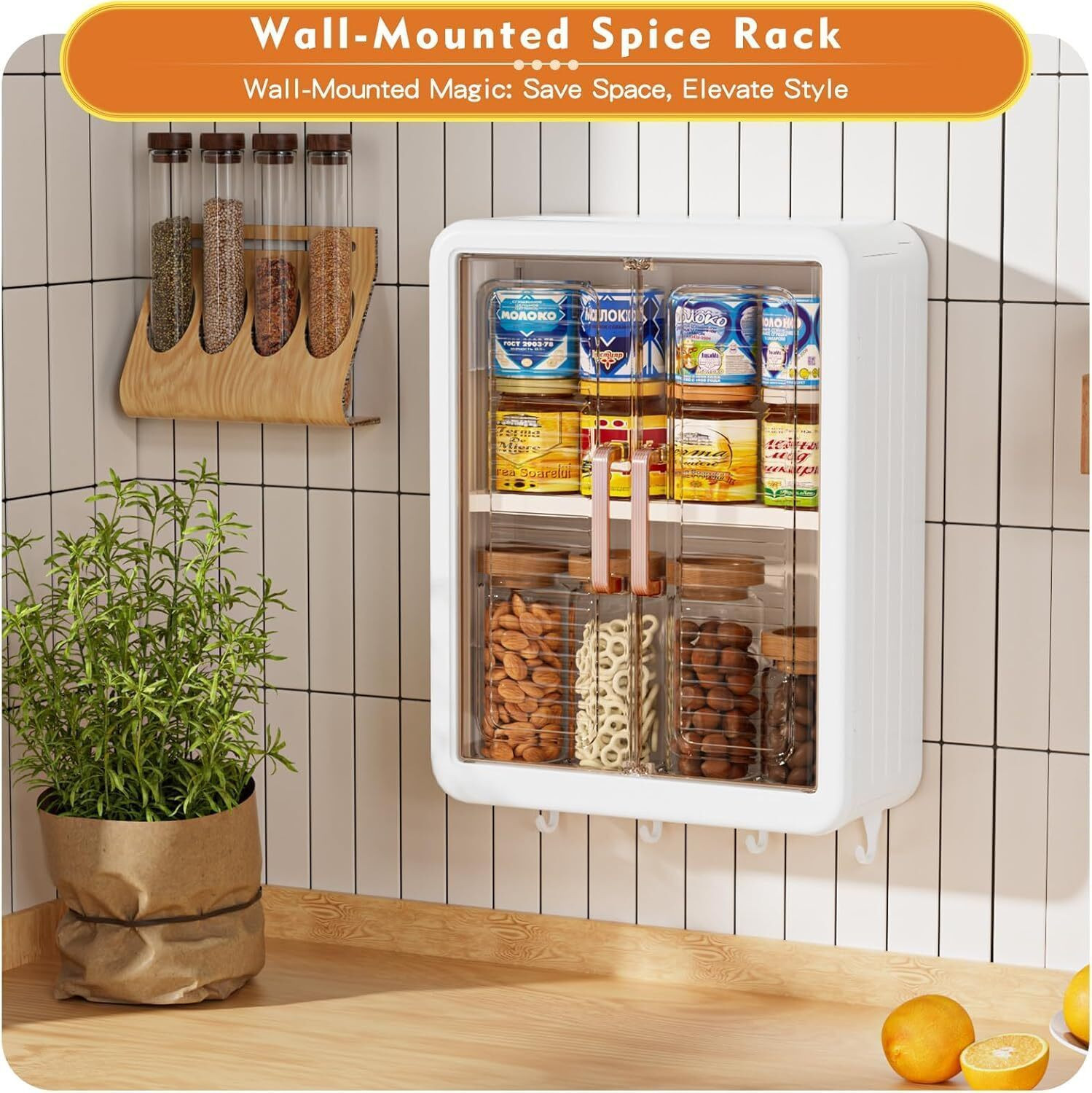 Image of PIXNA Premium Wall-Mounted Multi-Purpose Storage Cabinet with Transparent Doors &Hooks Plastic Kitchen Cabinet