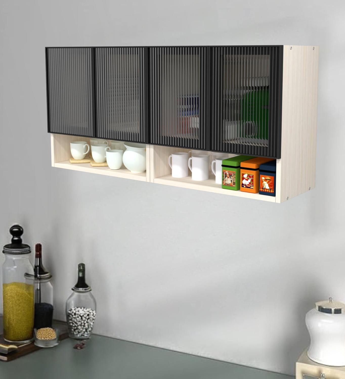 Image of SPECIALITY PANELS Aluminium Profile 4 Door Fluted Glass Handless, OrganizerShelf, FrenchCleat Engineered Wood Crockery Cabinet
