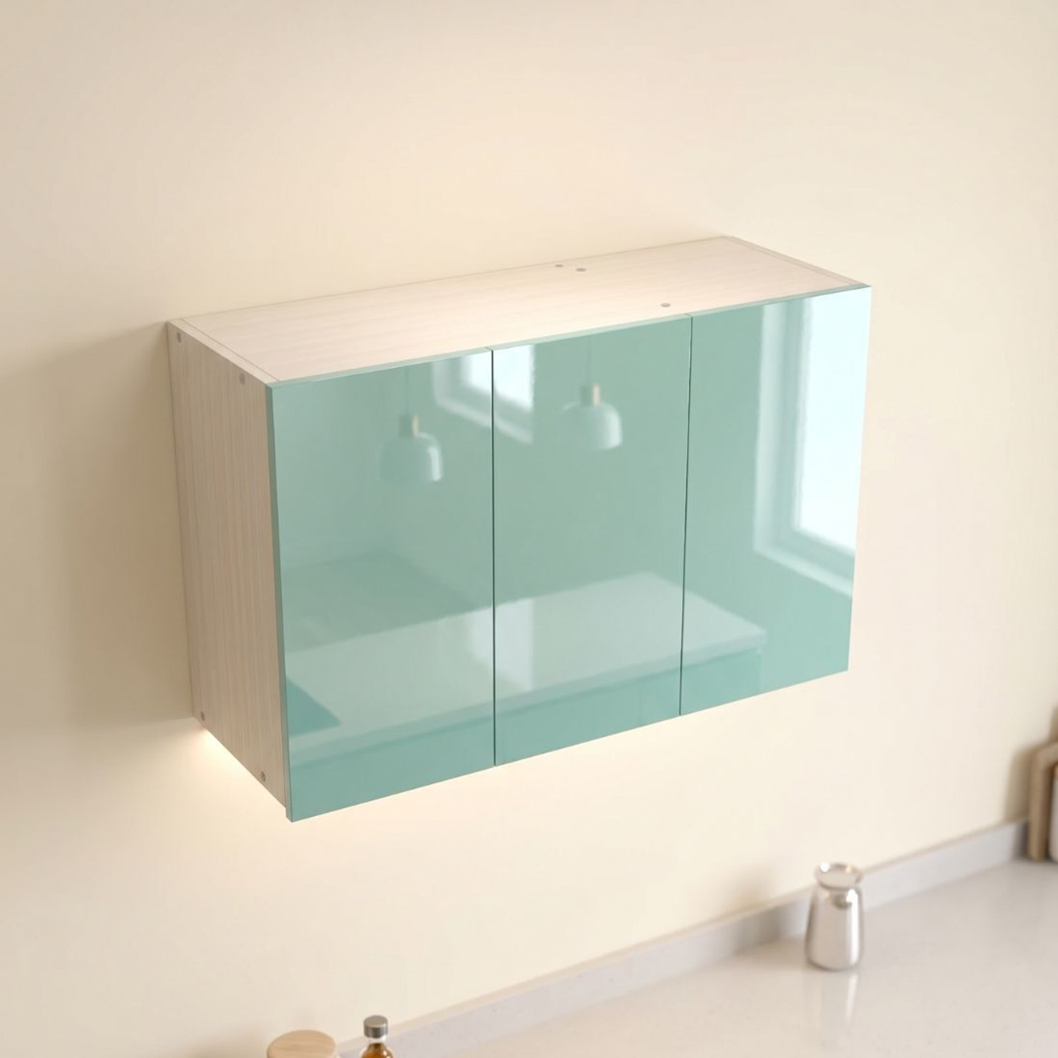 Image of SPECIALITY PANELS 3 Door Mirror Glossy triple layered UV Resistant handless shutter, French cleat Engineered Wood Kitchen Cabinet