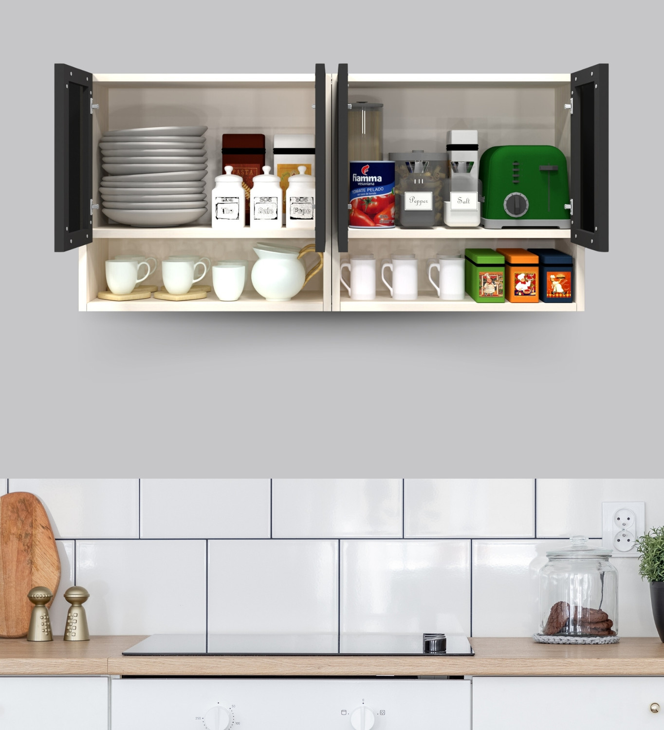 Image of SPECIALITY PANELS Aluminium Profile 4 Door Fluted Glass Handless, OrganizerShelf, FrenchCleat Engineered Wood Crockery Cabinet