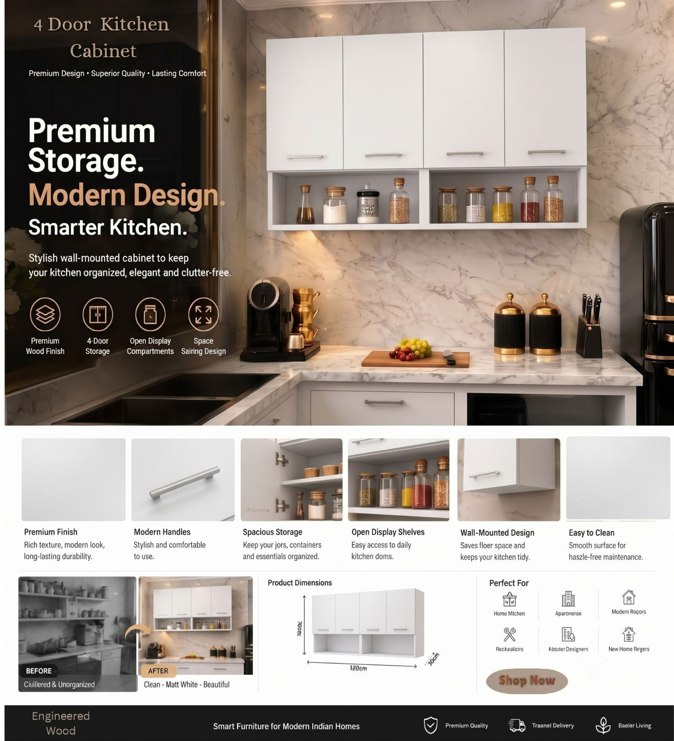Image of Flipkart Perfect Homes Multipurpose Matte Finish Cabinet For Kitchen, BedRoom, Office, Bathroom Engineered Wood Kitchen Cabinet (Finish Color - White, DIY(Do-It-Yourself))